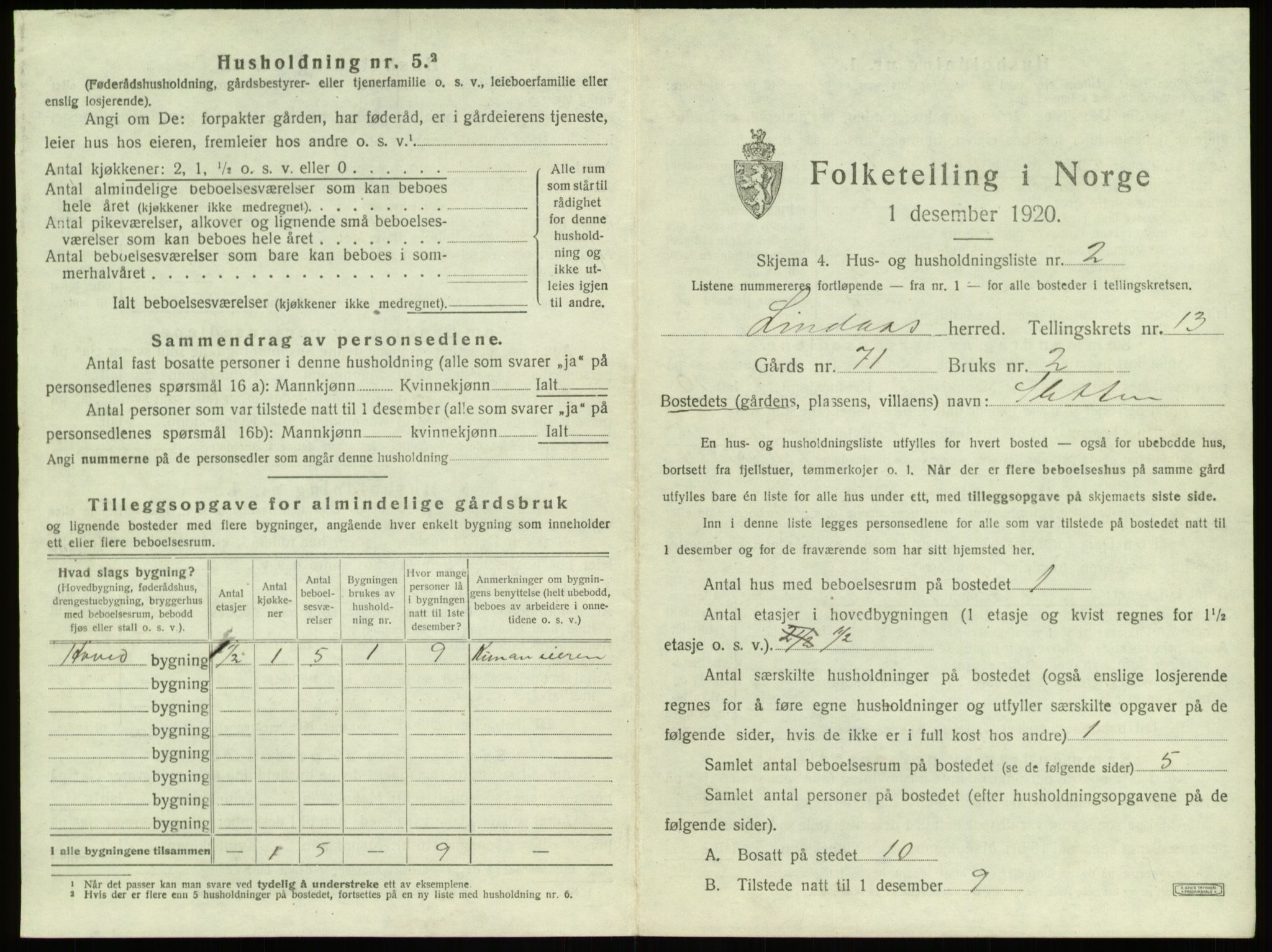 SAB, 1920 census for Lindås, 1920, p. 827