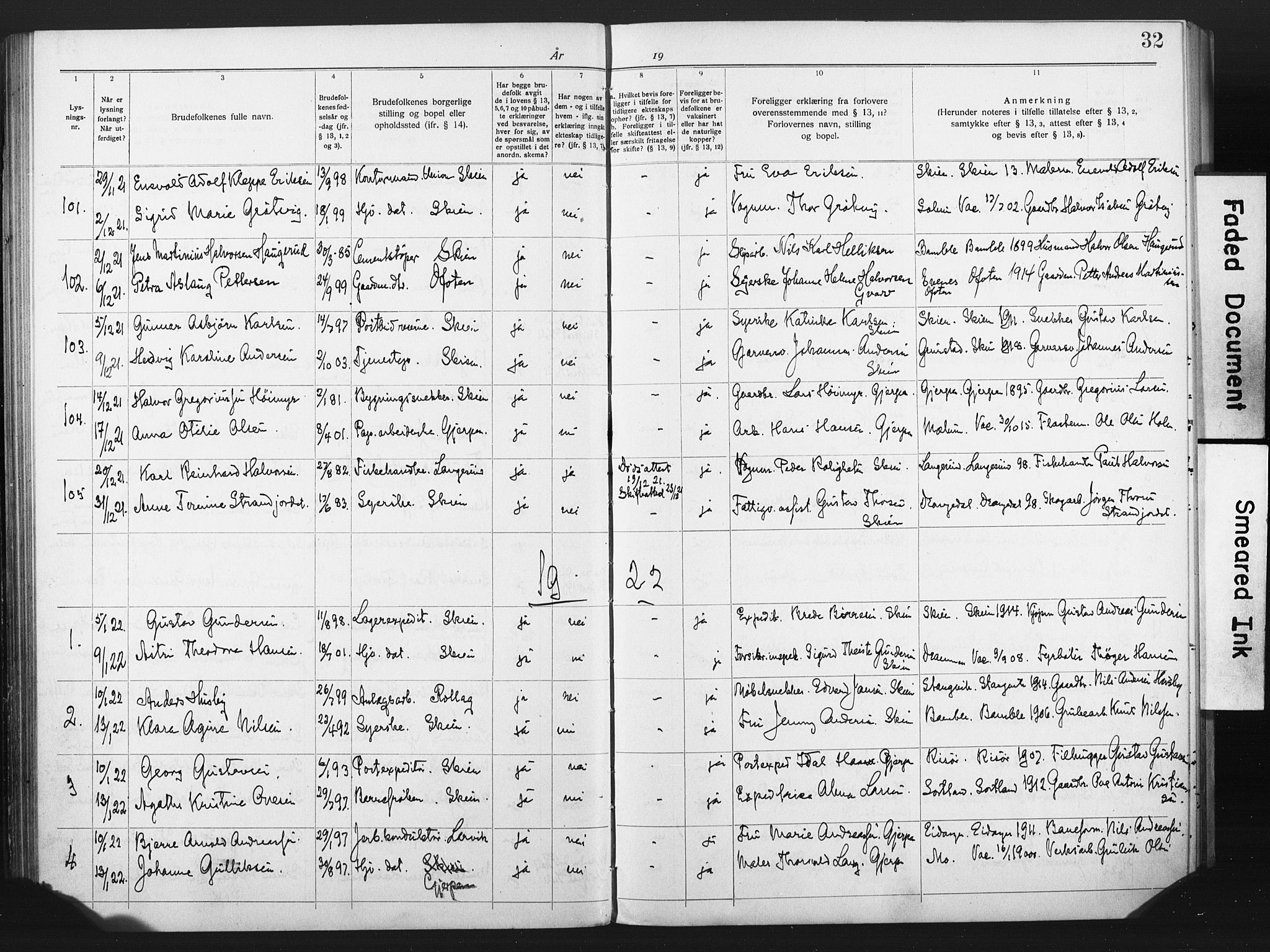 Skien kirkebøker, SAKO/A-302/H/Ha/L0001: Banns register no. 1, 1919-1929, p. 32