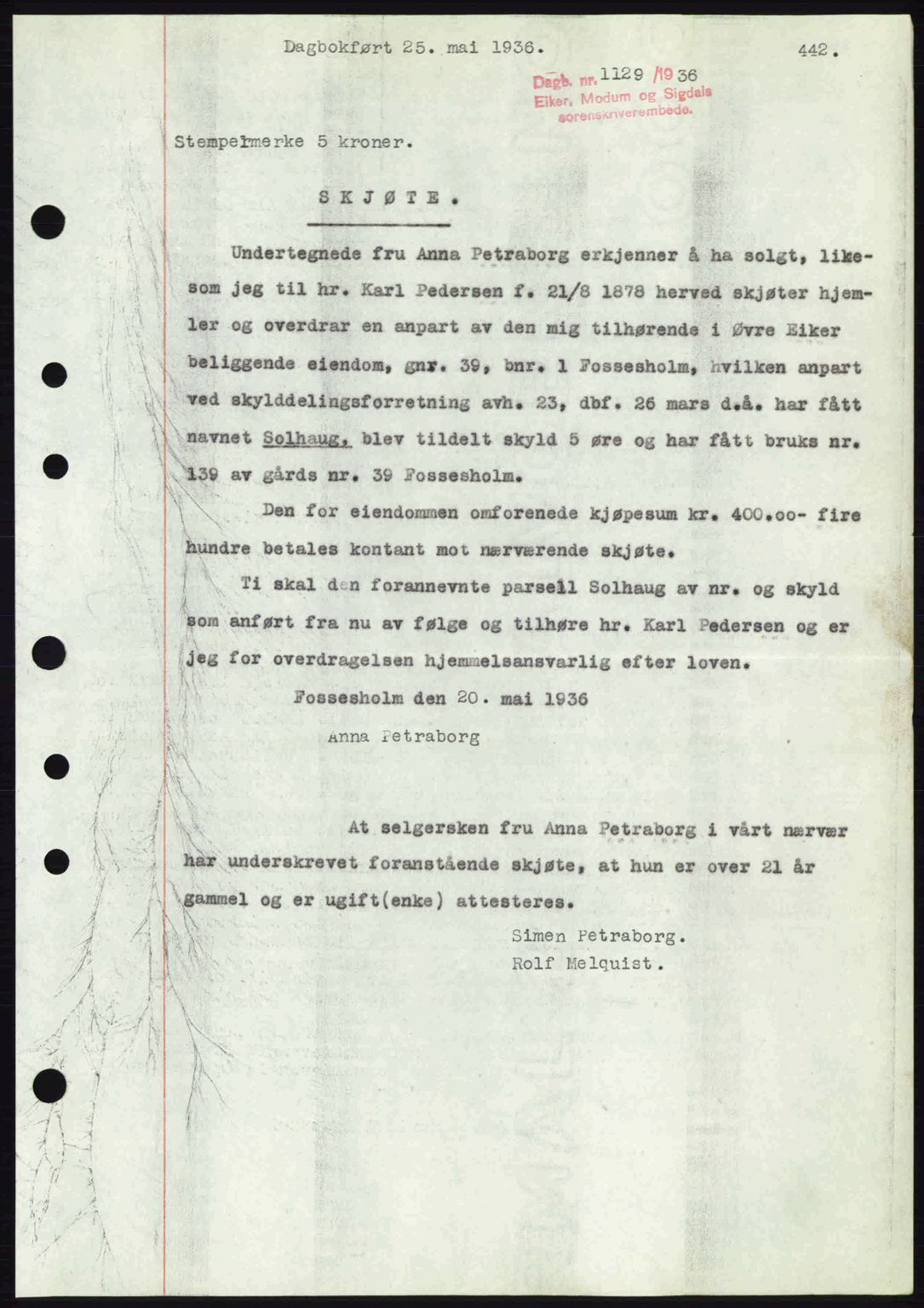 Eiker, Modum og Sigdal sorenskriveri, SAKO/A-123/G/Ga/Gab/L0032: Mortgage book no. A2, 1936-1936, Diary no: : 1129/1936