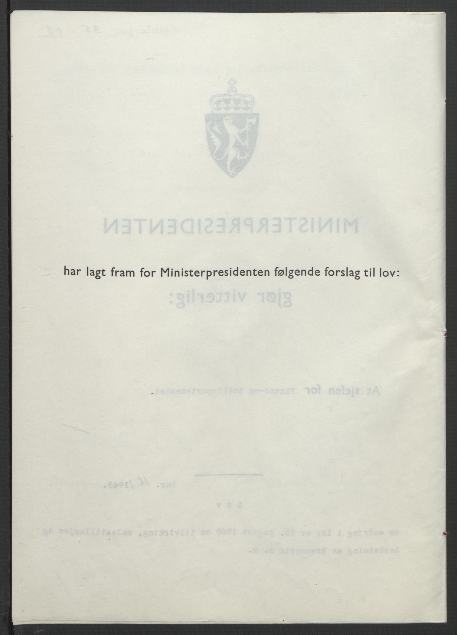NS-administrasjonen 1940-1945 (Statsrådsekretariatet, de kommisariske statsråder mm), RA/S-4279/D/Db/L0099: Lover, 1943, p. 73