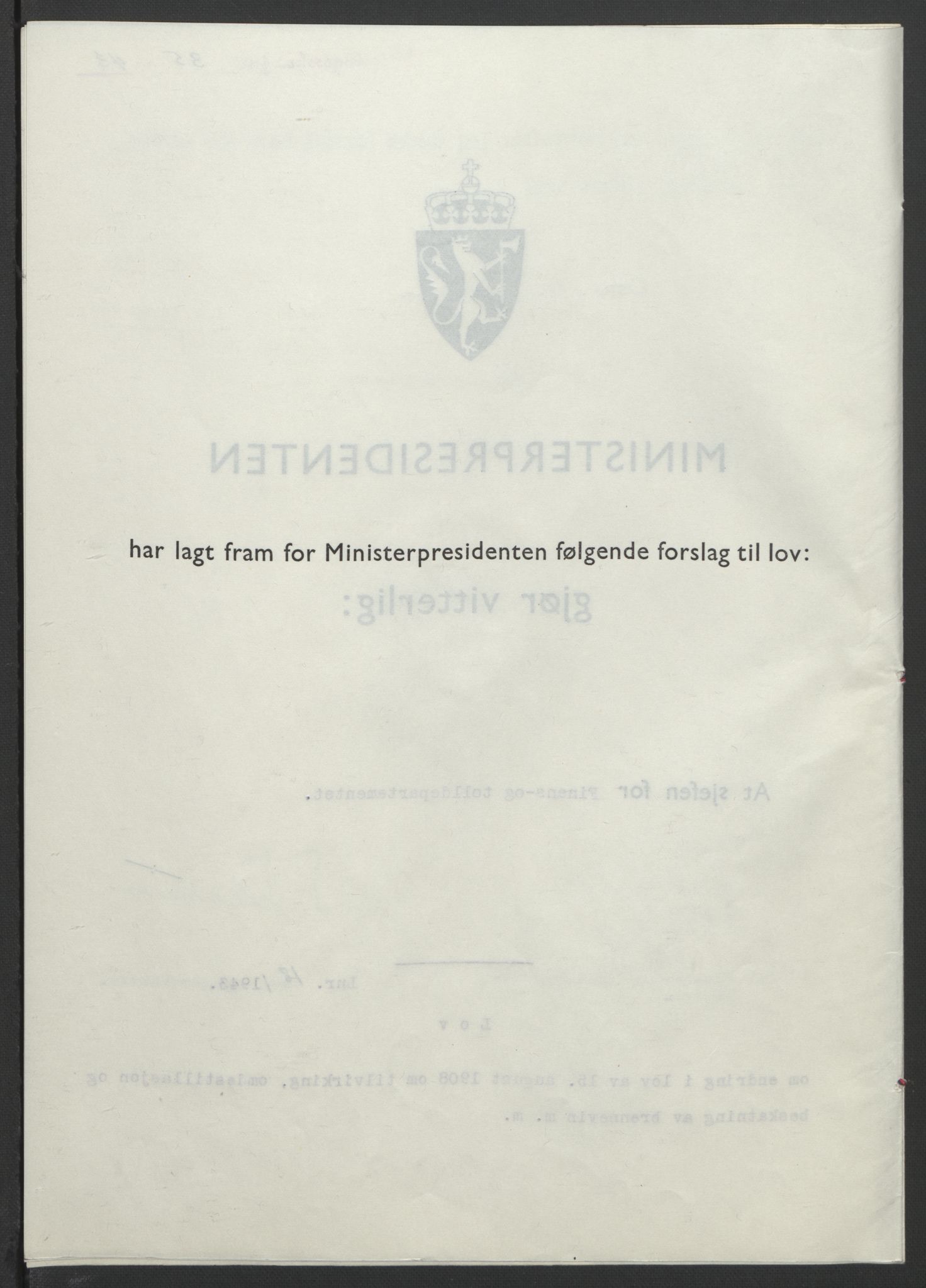 NS-administrasjonen 1940-1945 (Statsrådsekretariatet, de kommisariske statsråder mm), AV/RA-S-4279/D/Db/L0099: Lover, 1943, p. 73