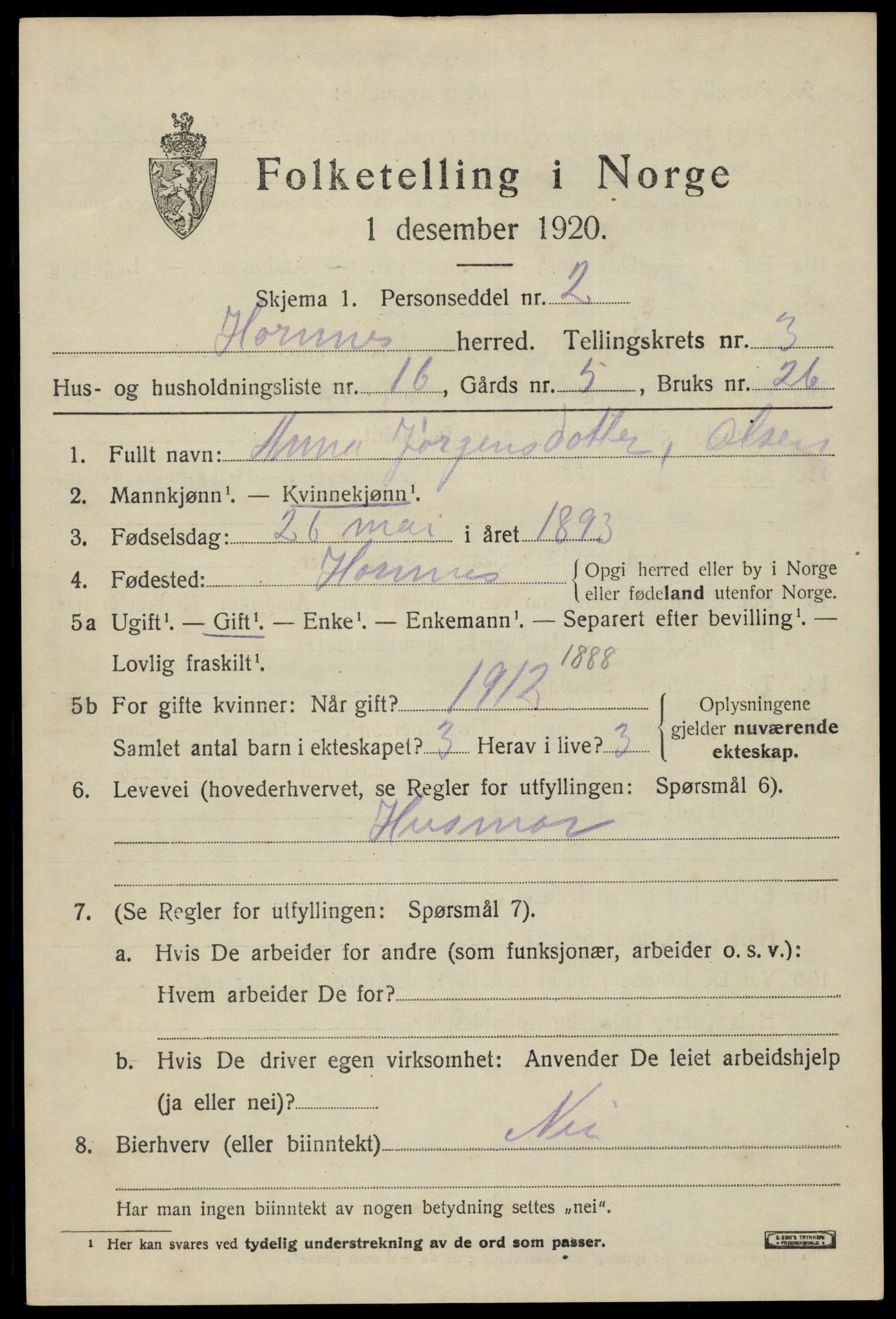 SAK, 1920 census for Hornnes, 1920, p. 999