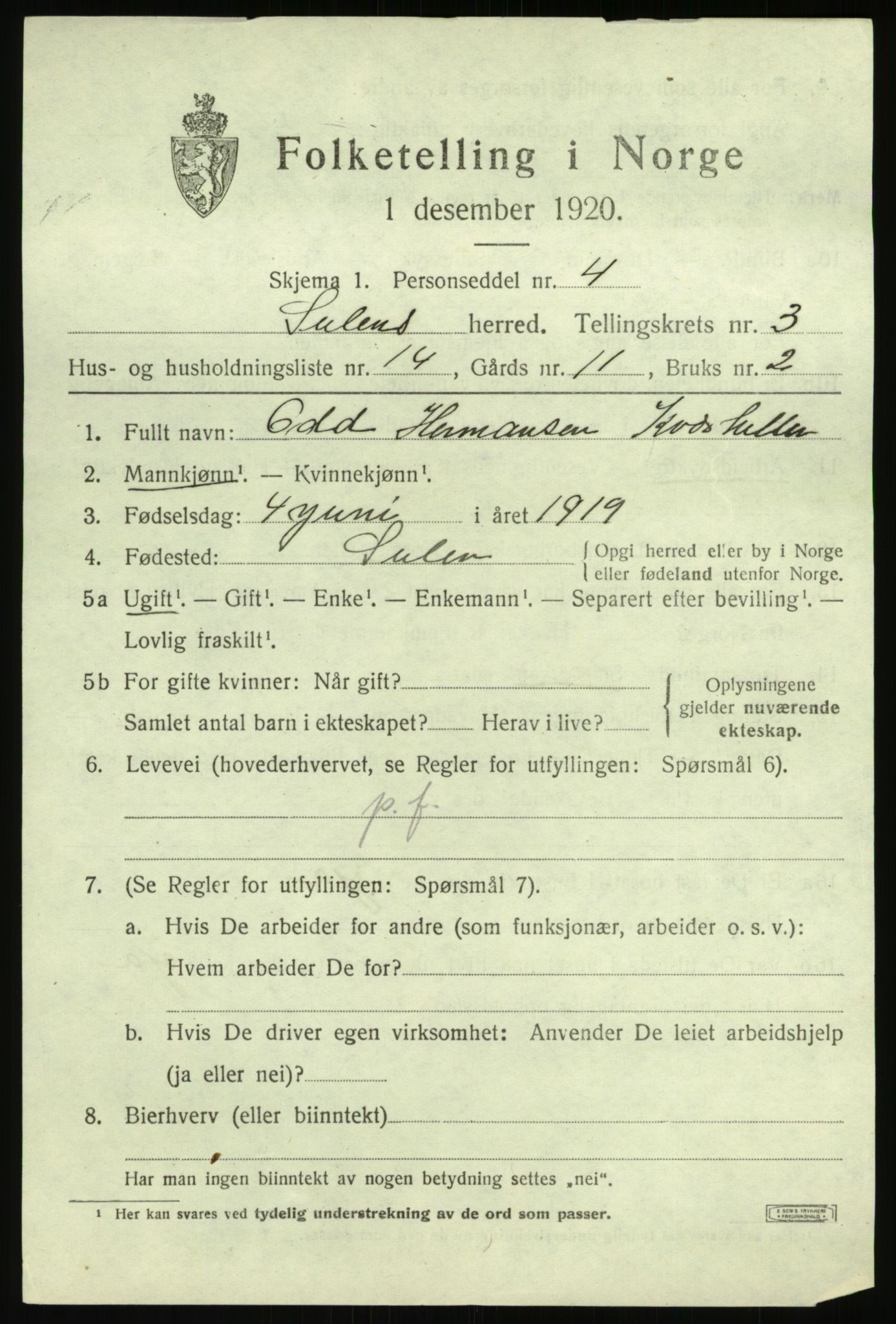 SAB, 1920 census for Solund, 1920, p. 1748