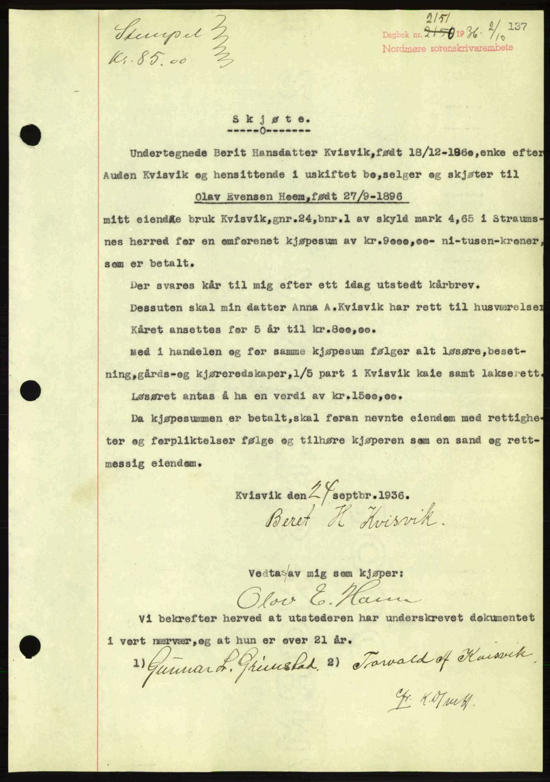 Nordmøre sorenskriveri, AV/SAT-A-4132/1/2/2Ca: Mortgage book no. A80, 1936-1937, Diary no: : 2151/1936