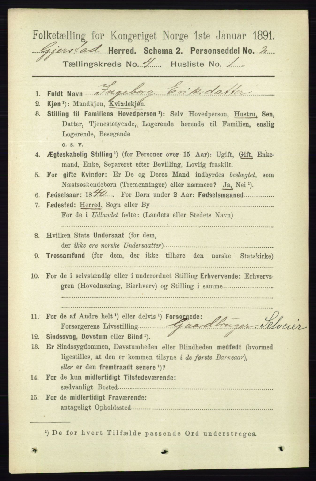 RA, 1891 census for 0911 Gjerstad, 1891, p. 1508