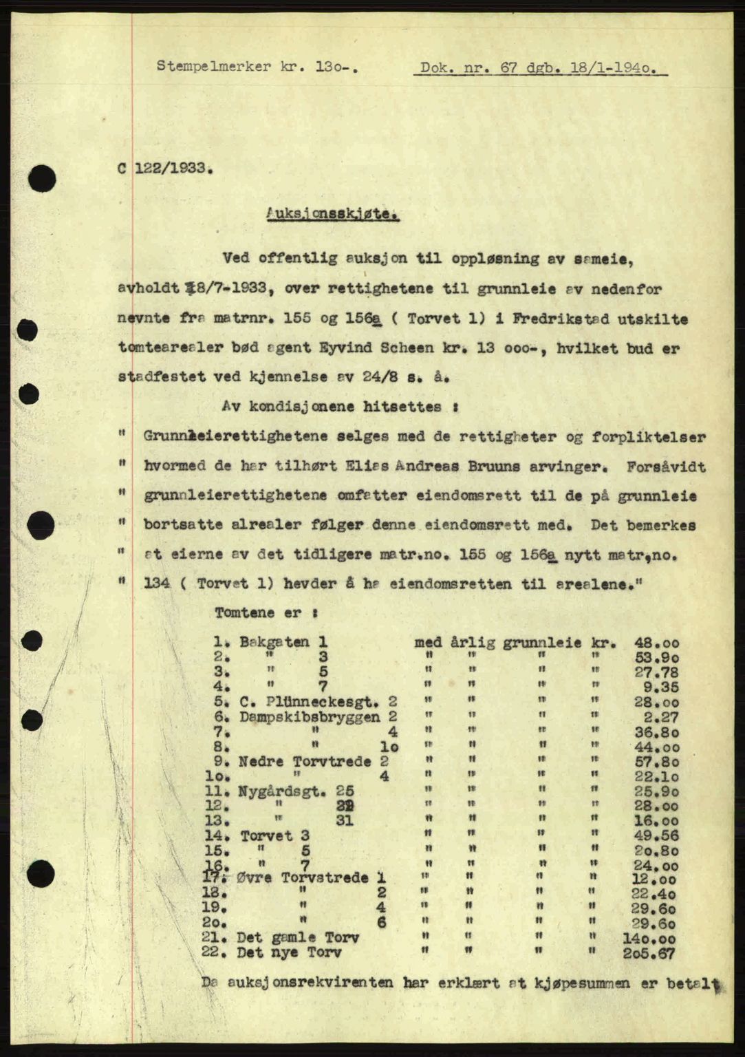 Fredrikstad byfogd, AV/SAO-A-10473a/G/Ga/Gac/L0002: Mortgage book no. A32a, 1940-1945, Diary no: : 67/1940