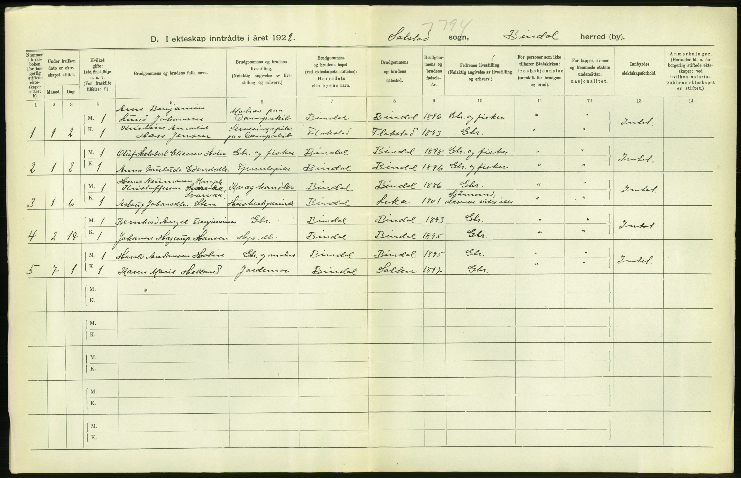 Statistisk sentralbyrå, Sosiodemografiske emner, Befolkning, AV/RA-S-2228/D/Df/Dfc/Dfcb/L0045: Nordland fylke: Gifte, dødfødte. Bygder og byer., 1922, p. 46