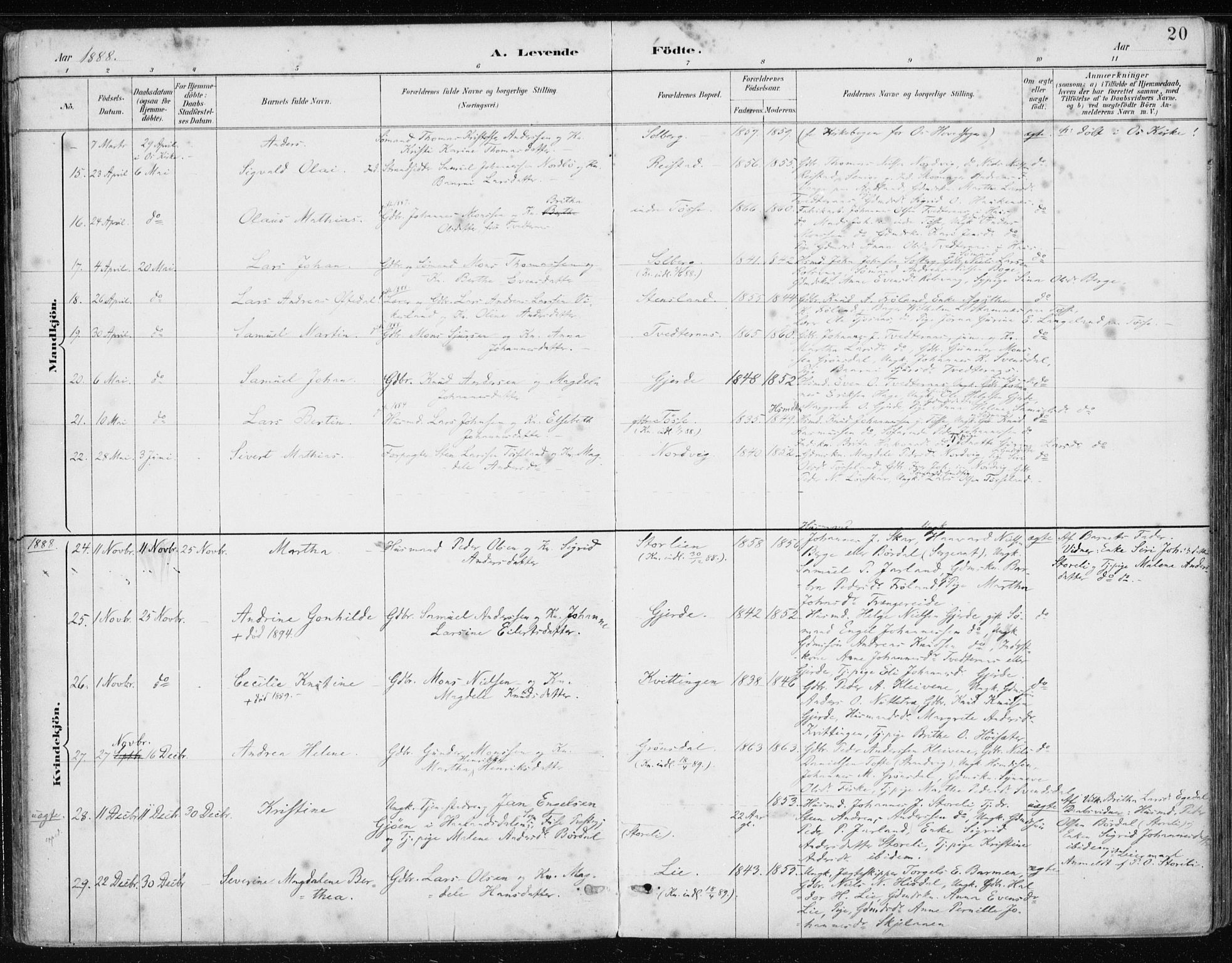 Samnanger Sokneprestembete, AV/SAB-A-77501/H/Haa: Parish register (official) no. A 1, 1885-1901, p. 20