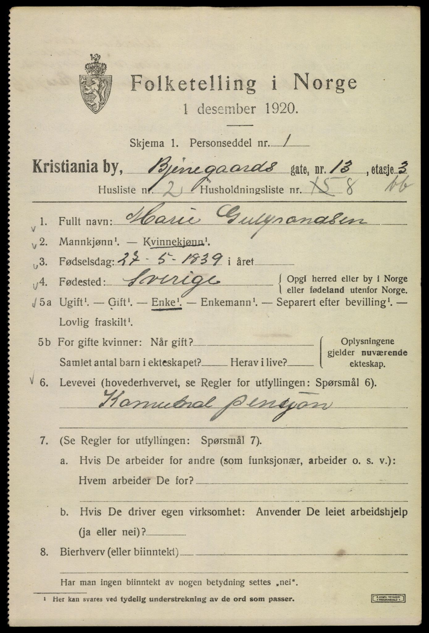 SAO, 1920 census for Kristiania, 1920, p. 159615