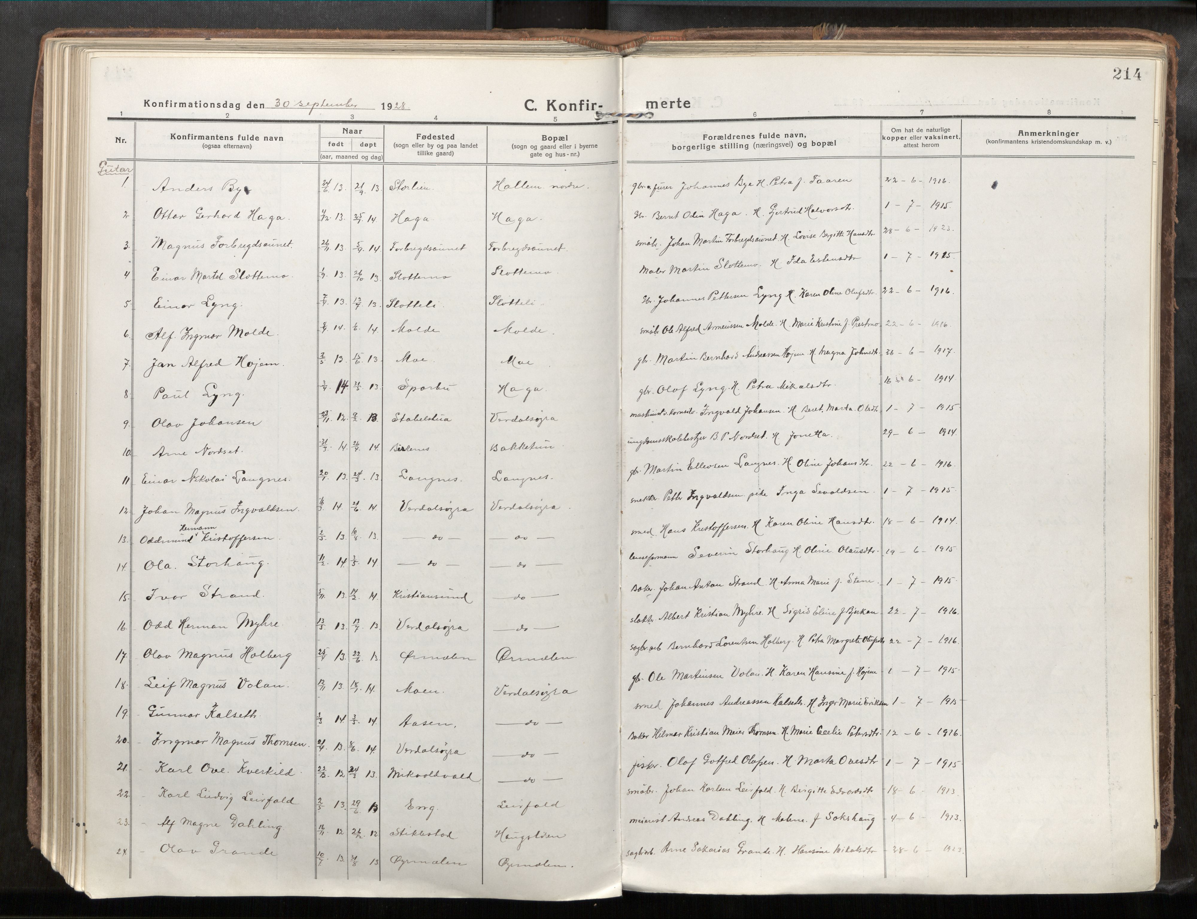 Verdal sokneprestkontor, SAT/A-1156/2/H/Haa/L0001: Parish register (official) no. 1, 1917-1932, p. 214