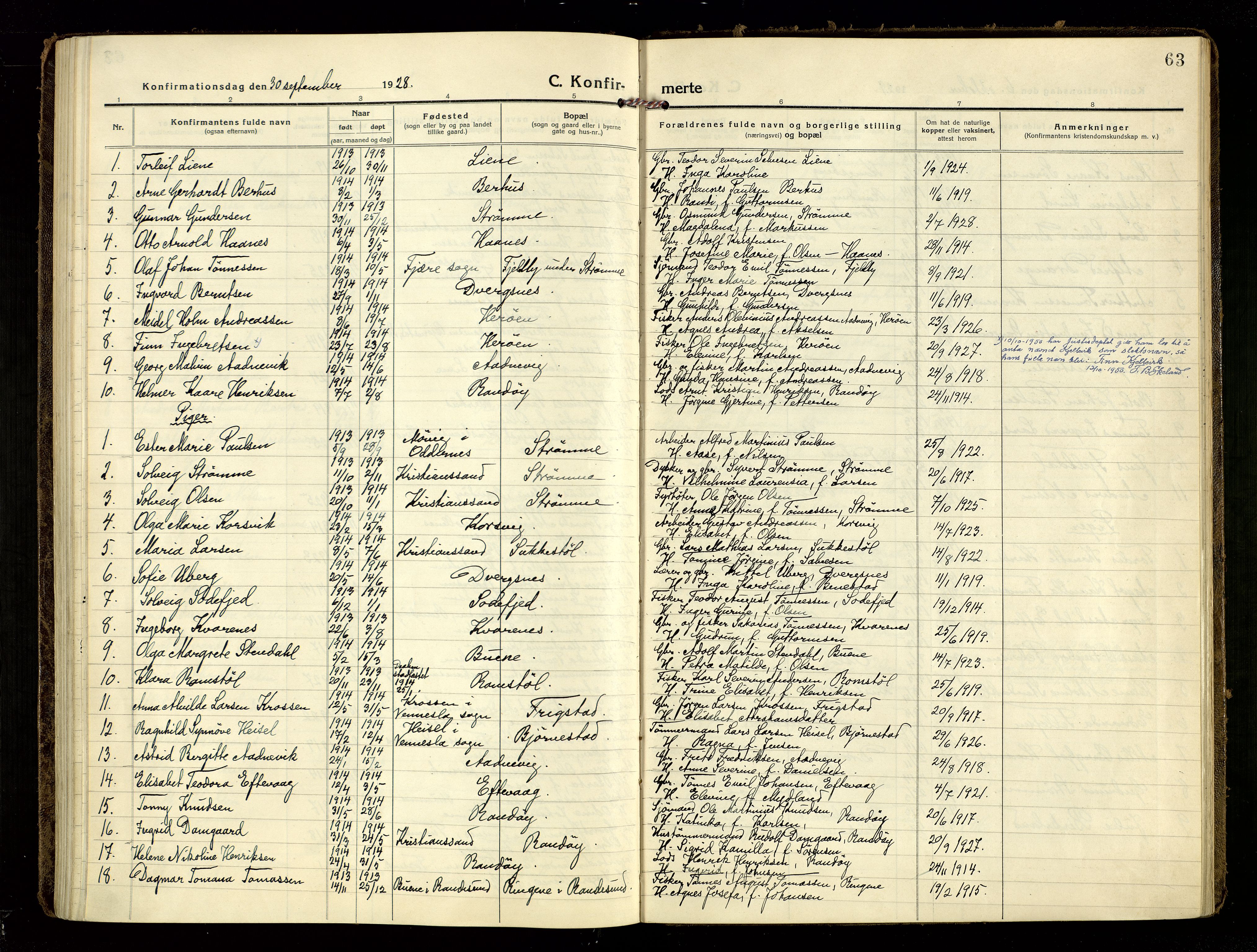Oddernes sokneprestkontor, SAK/1111-0033/F/Fa/Fab/L0004: Parish register (official) no. A 4, 1916-1935, p. 63