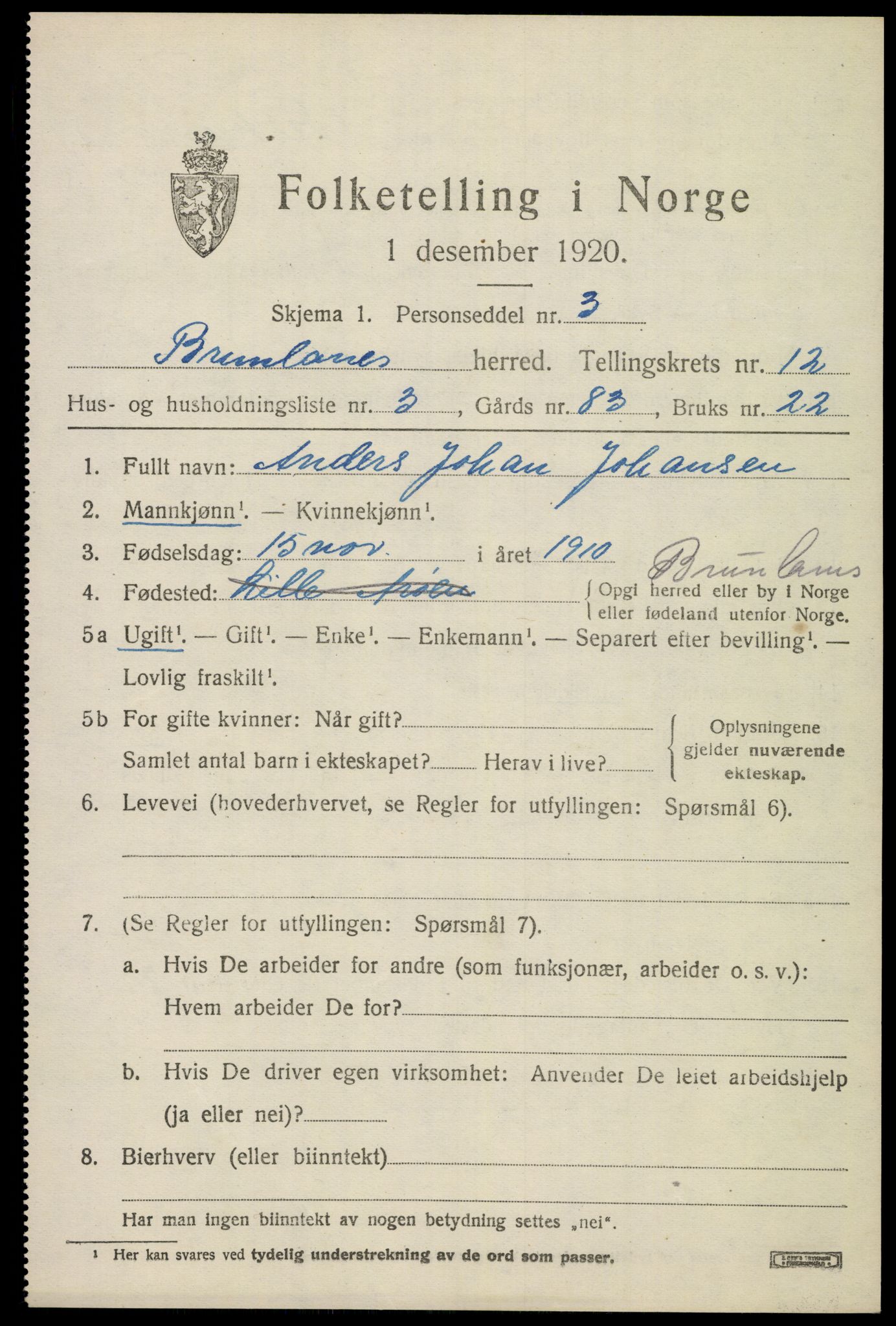 SAKO, 1920 census for Brunlanes, 1920, p. 10523
