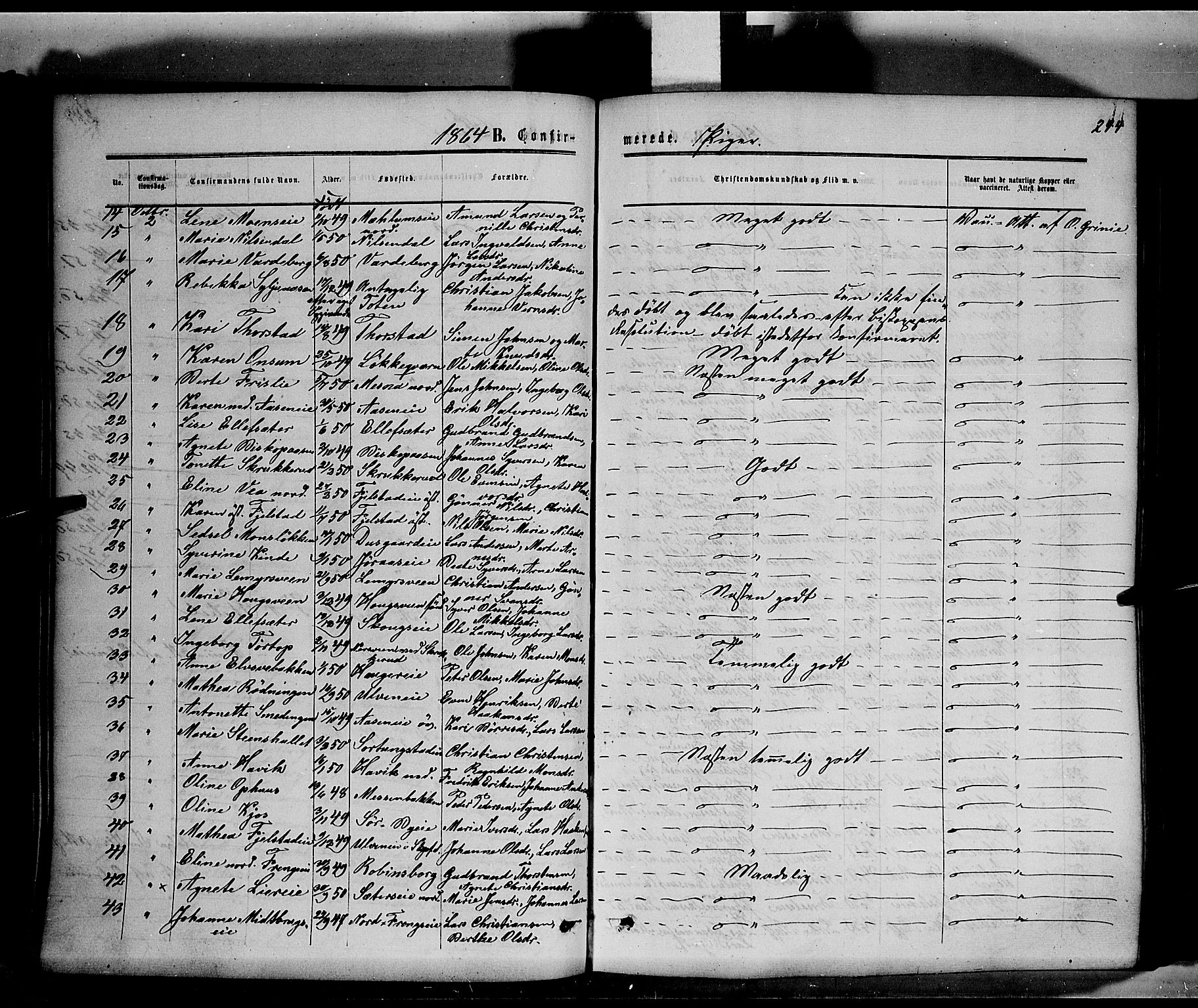 Ringsaker prestekontor, AV/SAH-PREST-014/K/Ka/L0010: Parish register (official) no. 10, 1861-1869, p. 244