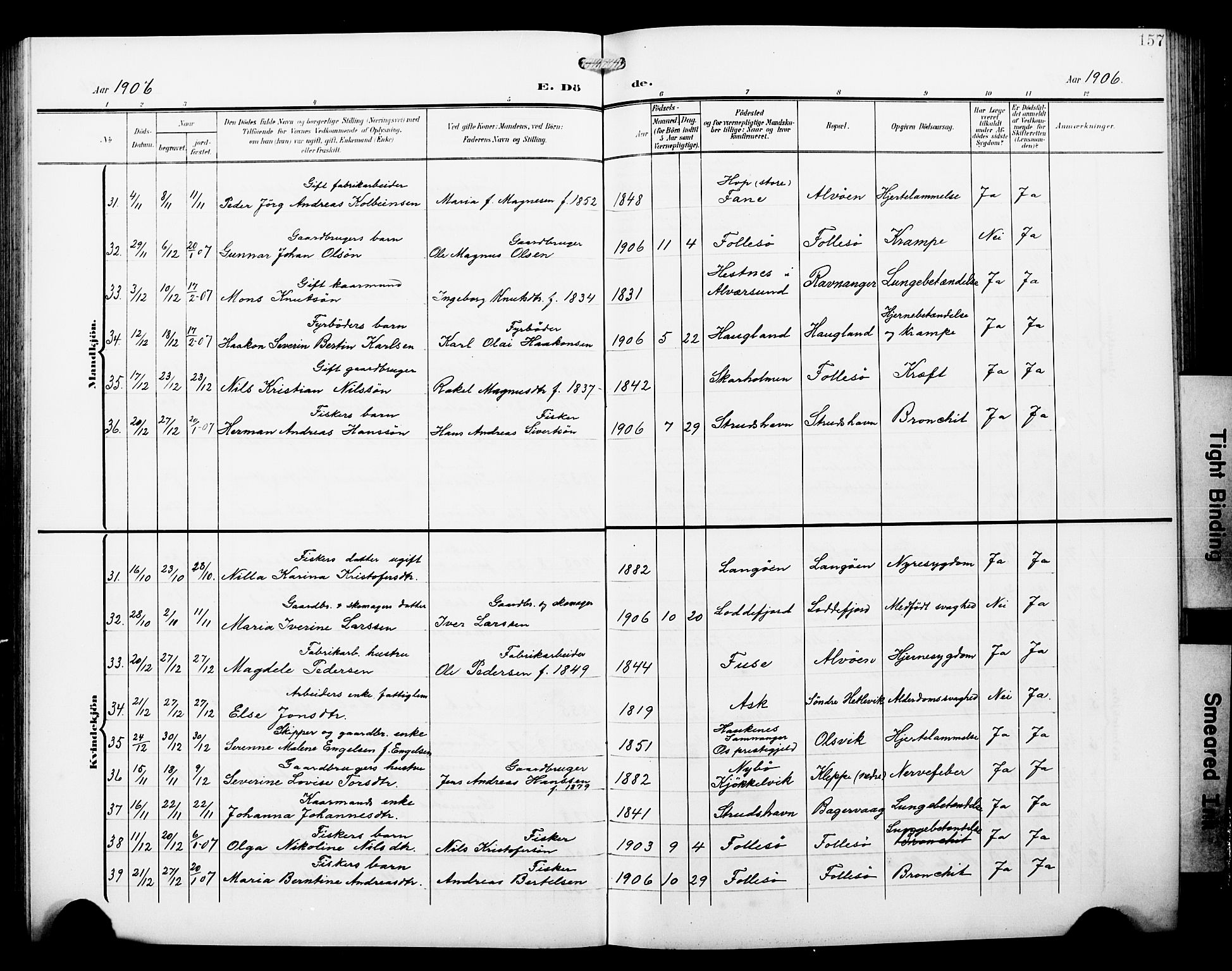 Askøy Sokneprestembete, AV/SAB-A-74101/H/Ha/Hab/Haba/L0014: Parish register (copy) no. A 14, 1904-1927, p. 157