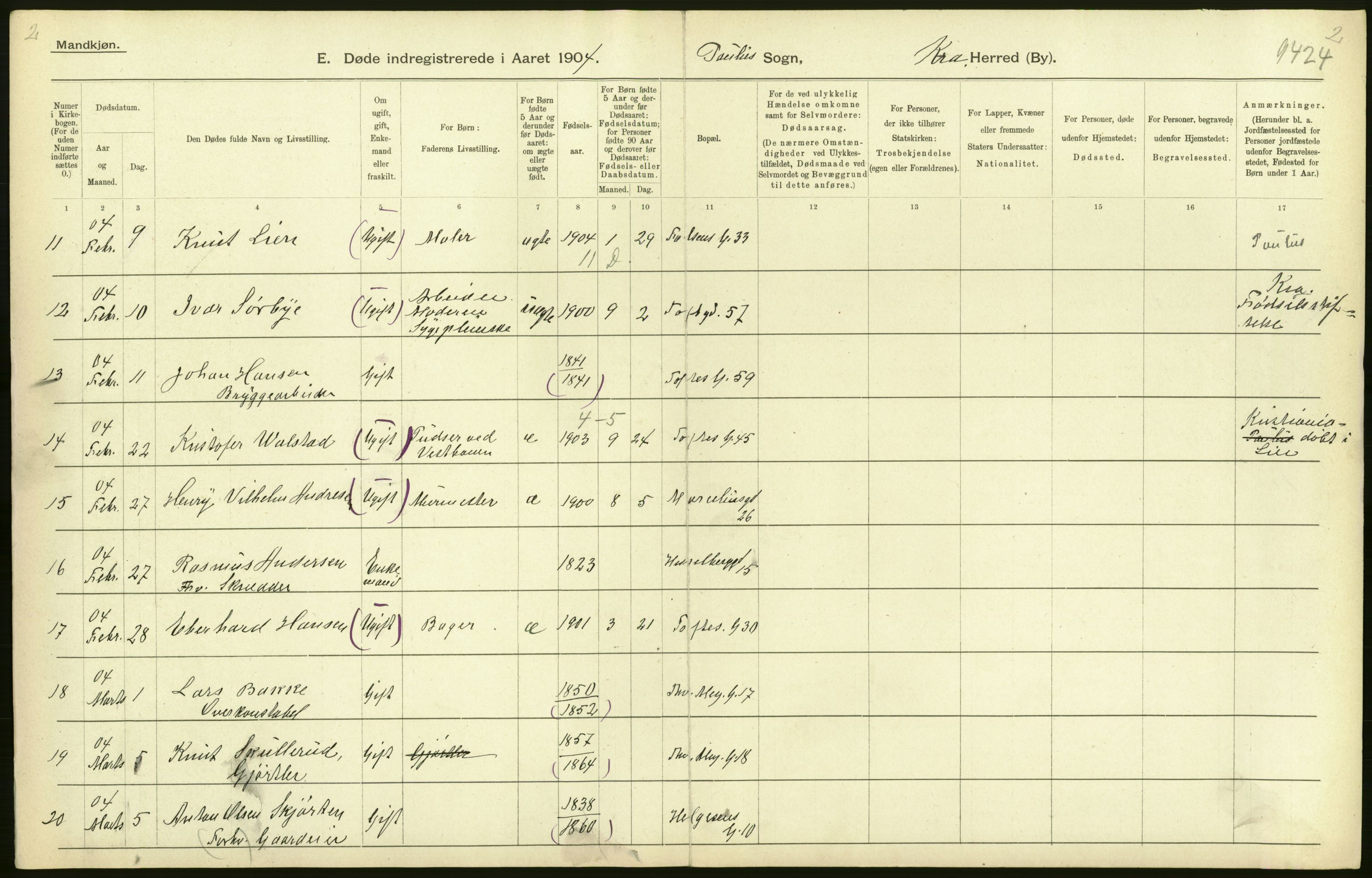 Statistisk sentralbyrå, Sosiodemografiske emner, Befolkning, AV/RA-S-2228/D/Df/Dfa/Dfab/L0004: Kristiania: Gifte, døde, 1904, p. 352