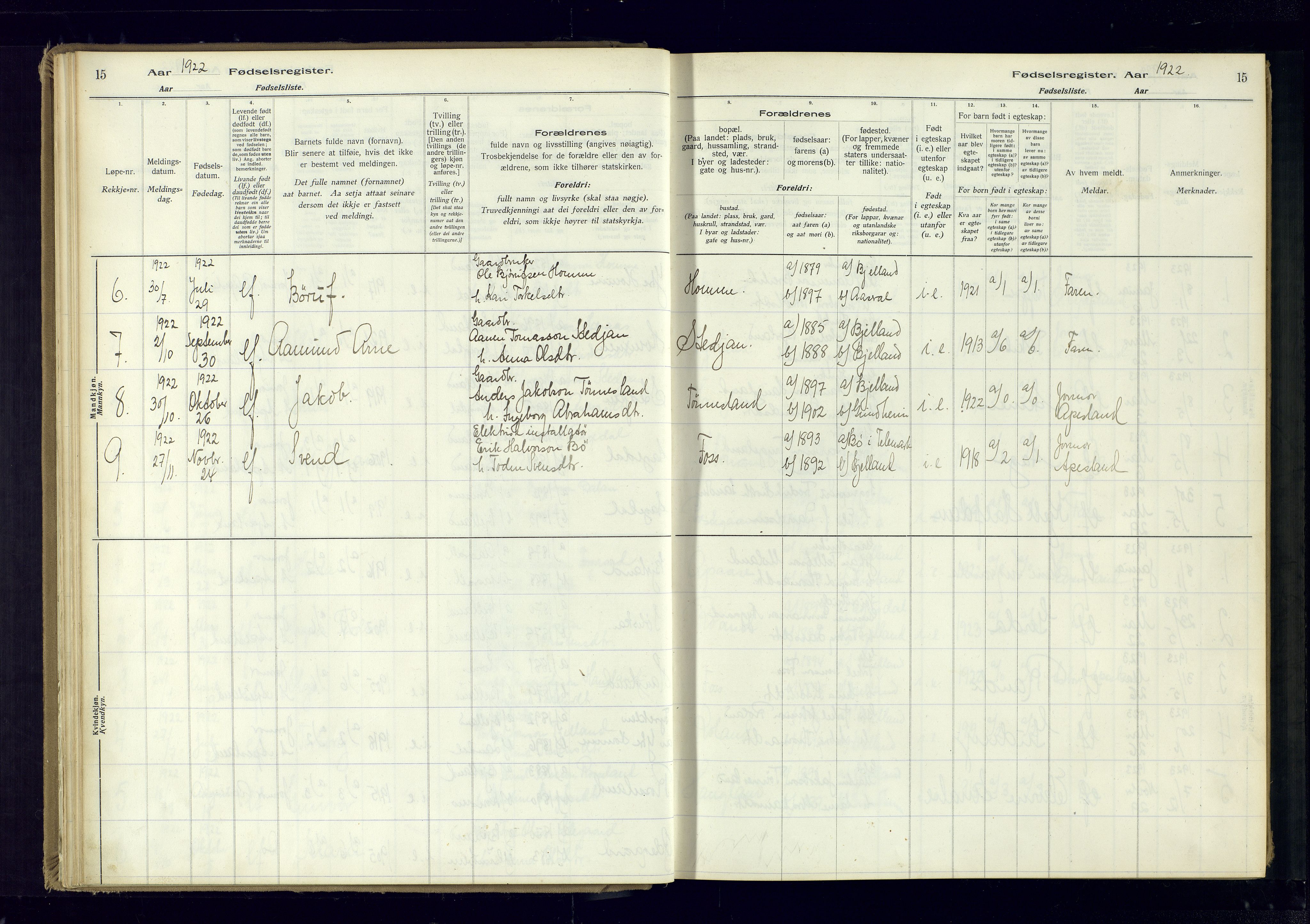 Bjelland sokneprestkontor, SAK/1111-0005/J/Ja/L0001: Birth register no. II.4.2, 1916-1982, p. 15