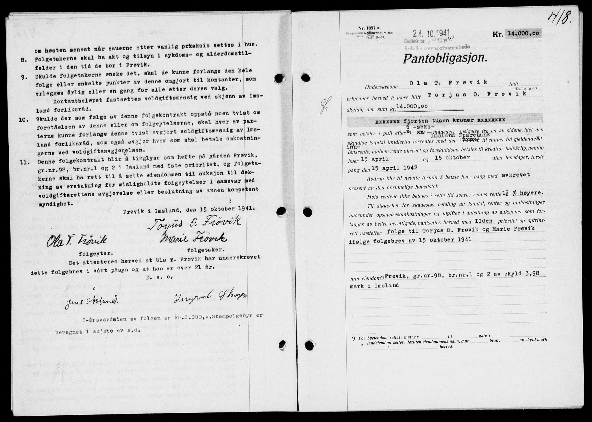 Ryfylke tingrett, SAST/A-100055/001/II/IIB/L0083: Mortgage book no. 62, 1941-1941, Diary no: : 1435/1941