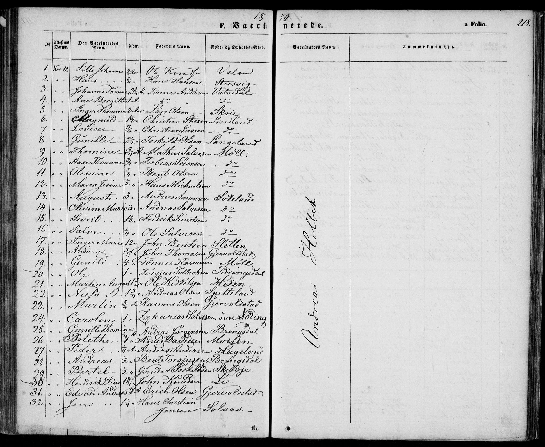 Holum sokneprestkontor, SAK/1111-0022/F/Fa/Faa/L0005: Parish register (official) no. A 5, 1850-1864, p. 218