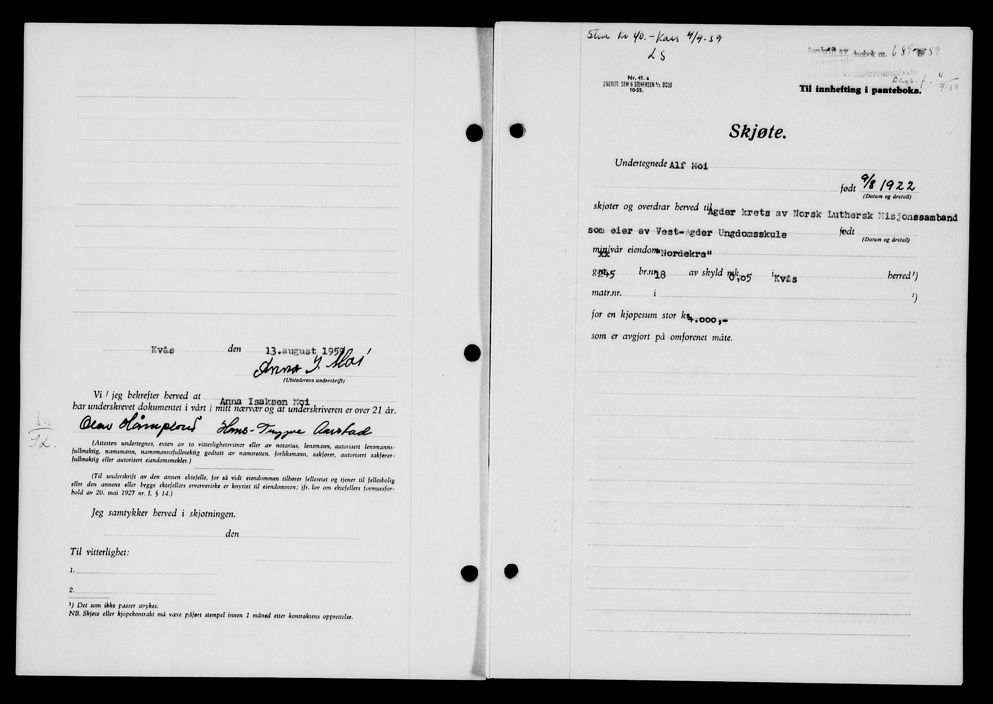 Lyngdal sorenskriveri, AV/SAK-1221-0004/G/Gb/L0679: Mortgage book no. A XXV, 1959-1960, Diary no: : 689/1959