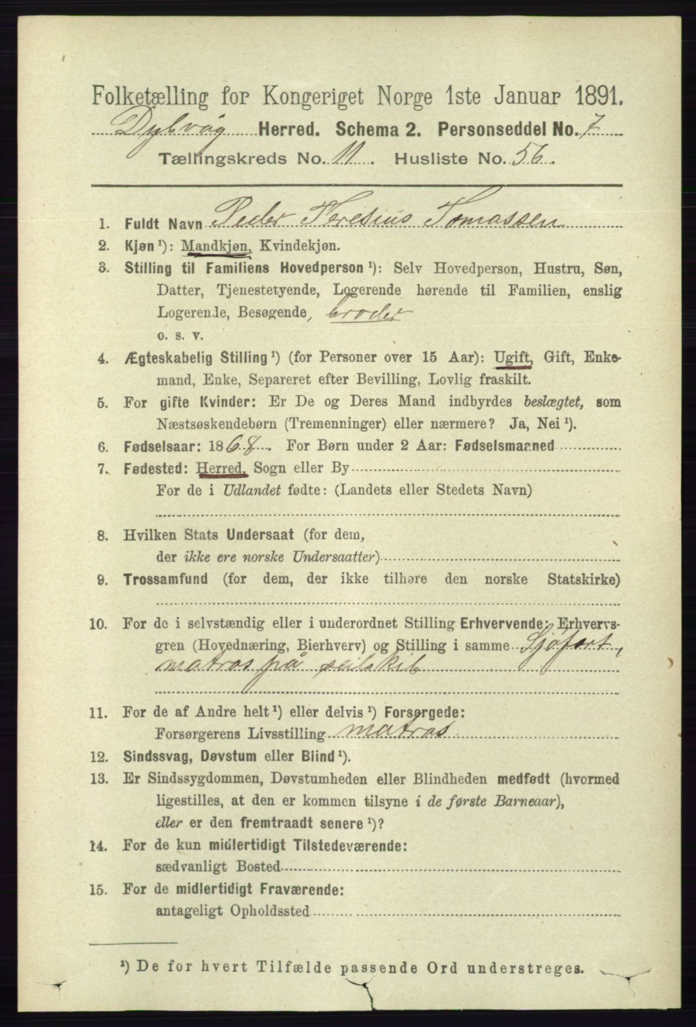 RA, 1891 census for 0915 Dypvåg, 1891, p. 4653