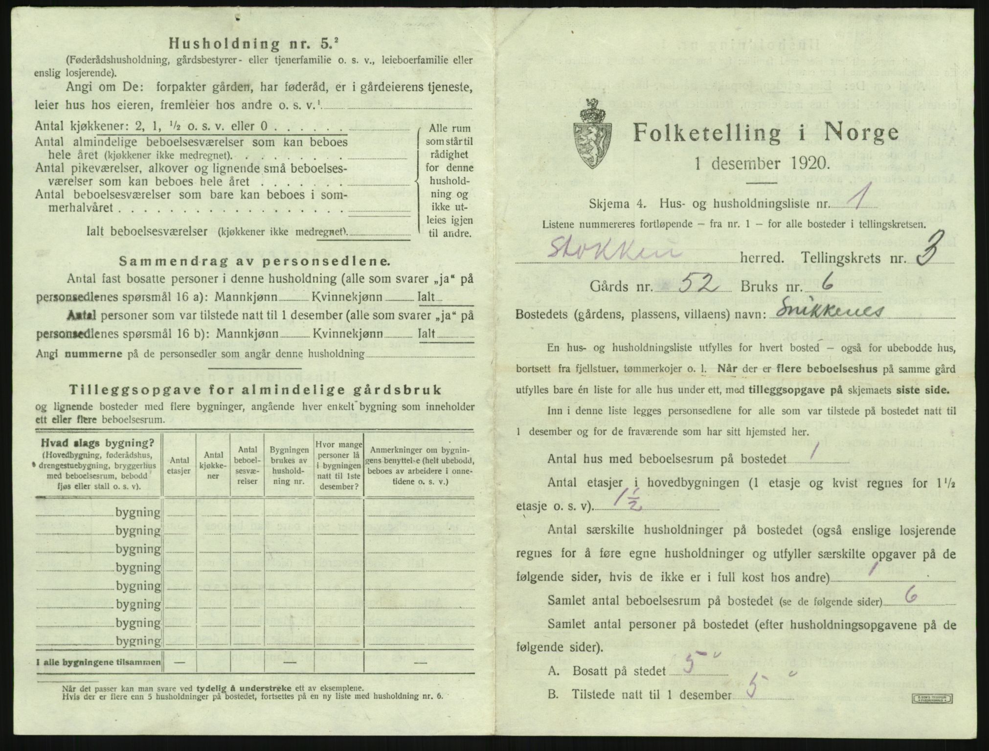 SAK, 1920 census for Stokken, 1920, p. 306