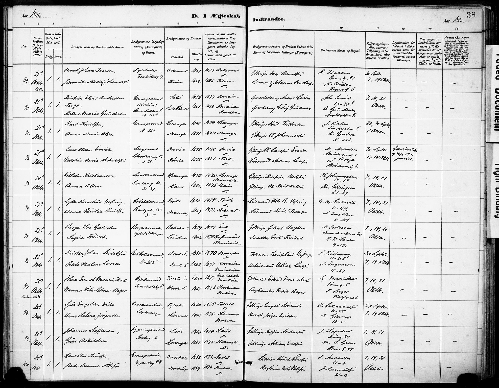 Domkirken sokneprestembete, SAB/A-74801/H/Haa/L0037: Parish register (official) no. D 4, 1880-1907, p. 38