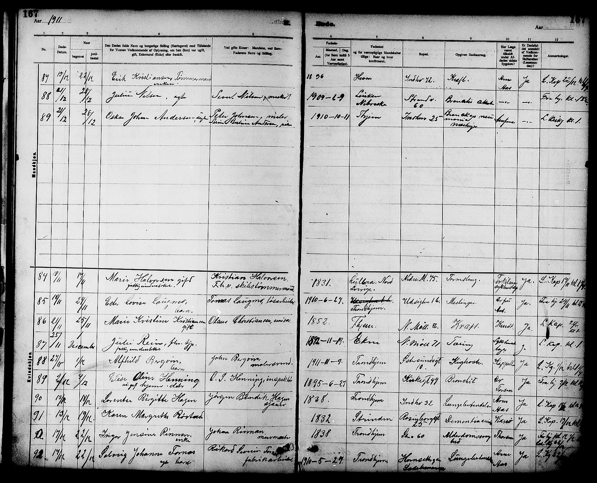 Ministerialprotokoller, klokkerbøker og fødselsregistre - Sør-Trøndelag, SAT/A-1456/605/L0255: Parish register (copy) no. 605C02, 1908-1918, p. 167