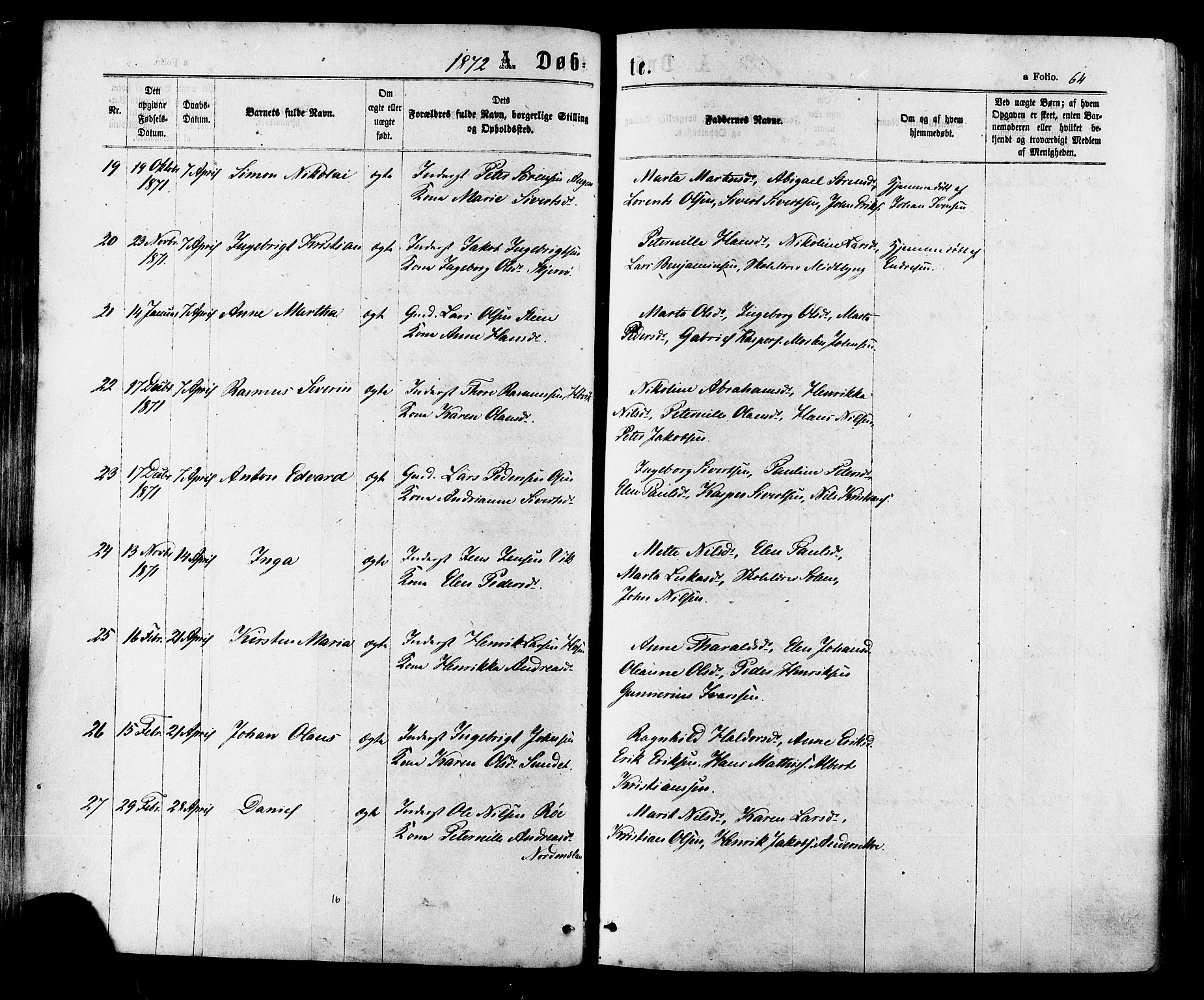 Ministerialprotokoller, klokkerbøker og fødselsregistre - Sør-Trøndelag, AV/SAT-A-1456/657/L0706: Parish register (official) no. 657A07, 1867-1878, p. 64