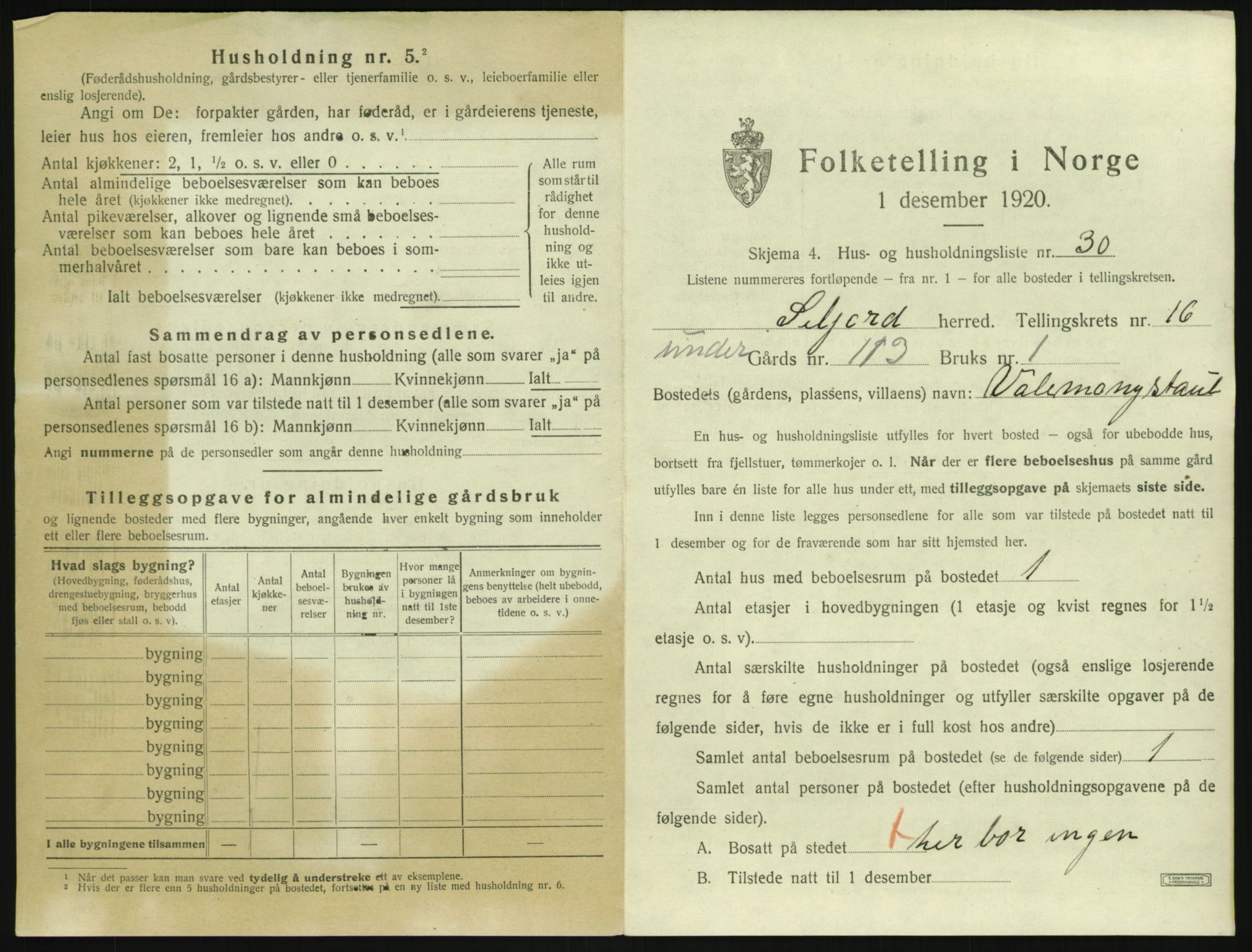 SAKO, 1920 census for Seljord, 1920, p. 1222