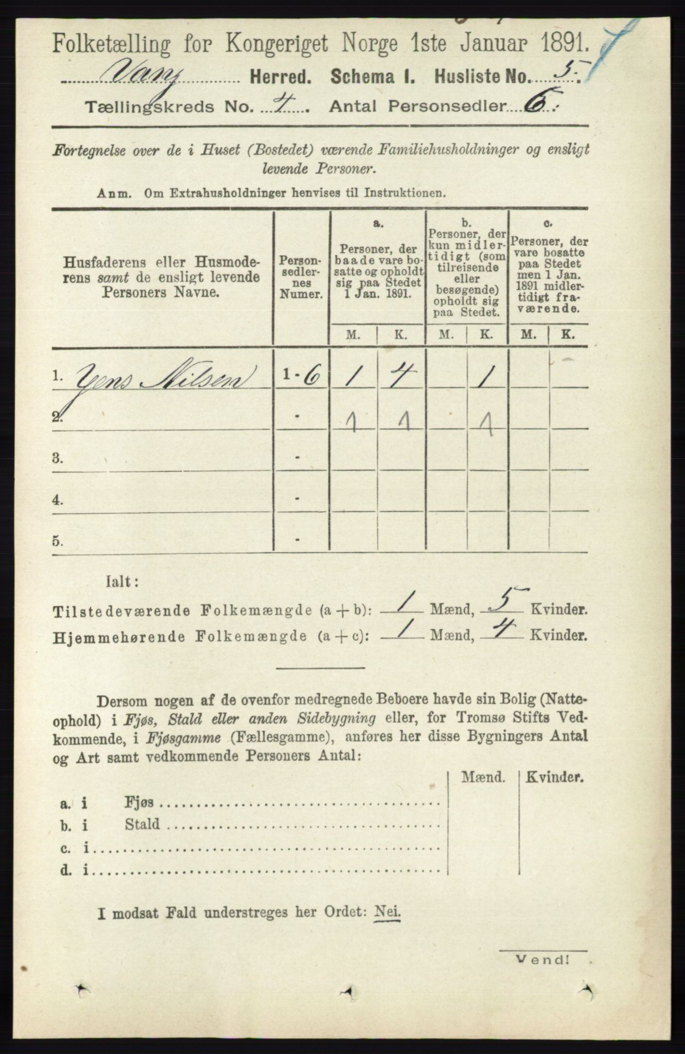 RA, 1891 census for 0414 Vang, 1891, p. 2634