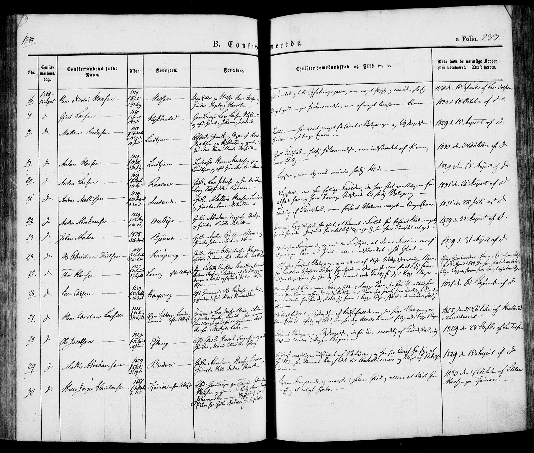 Tjølling kirkebøker, SAKO/A-60/F/Fa/L0006: Parish register (official) no. 6, 1835-1859, p. 233