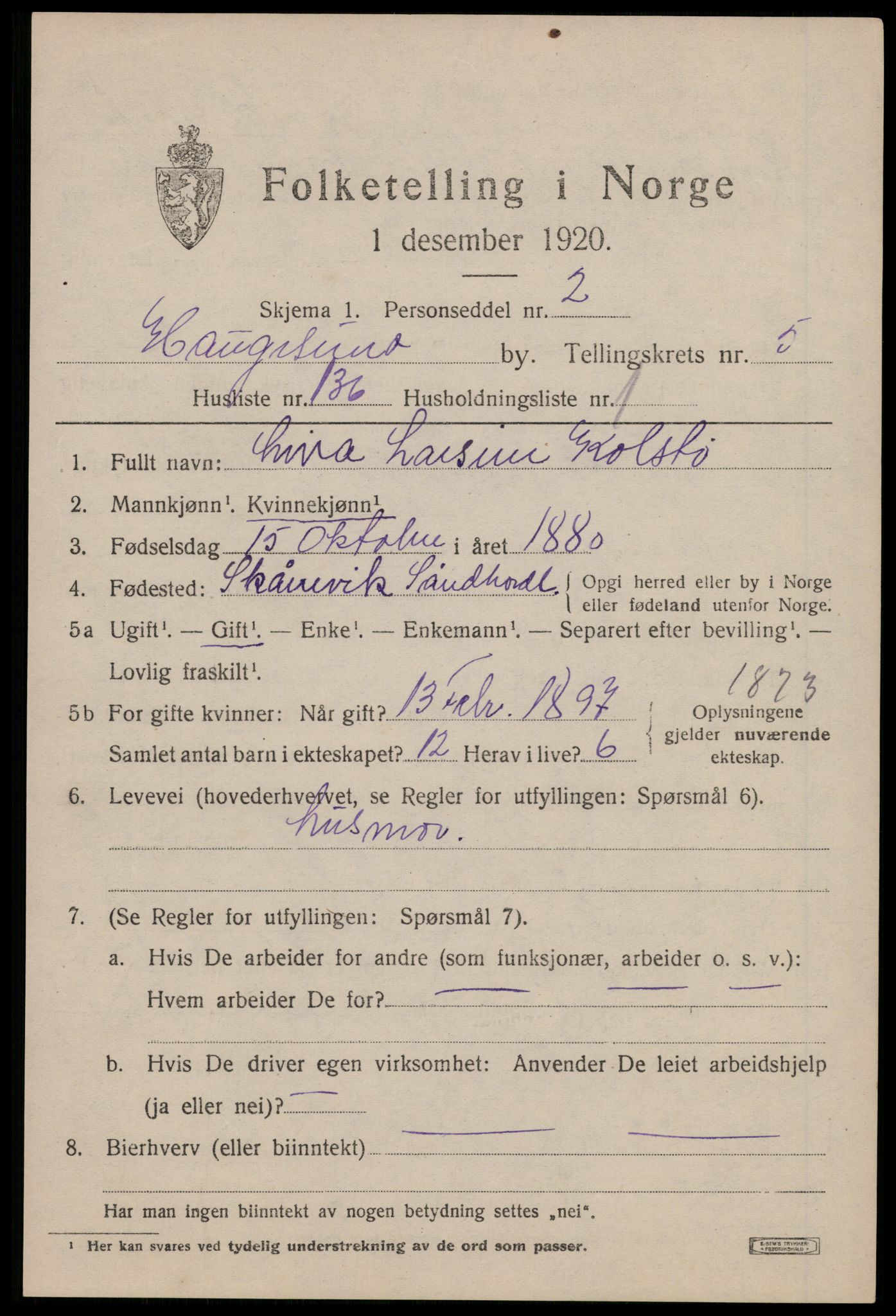 SAST, 1920 census for Haugesund, 1920, p. 20657