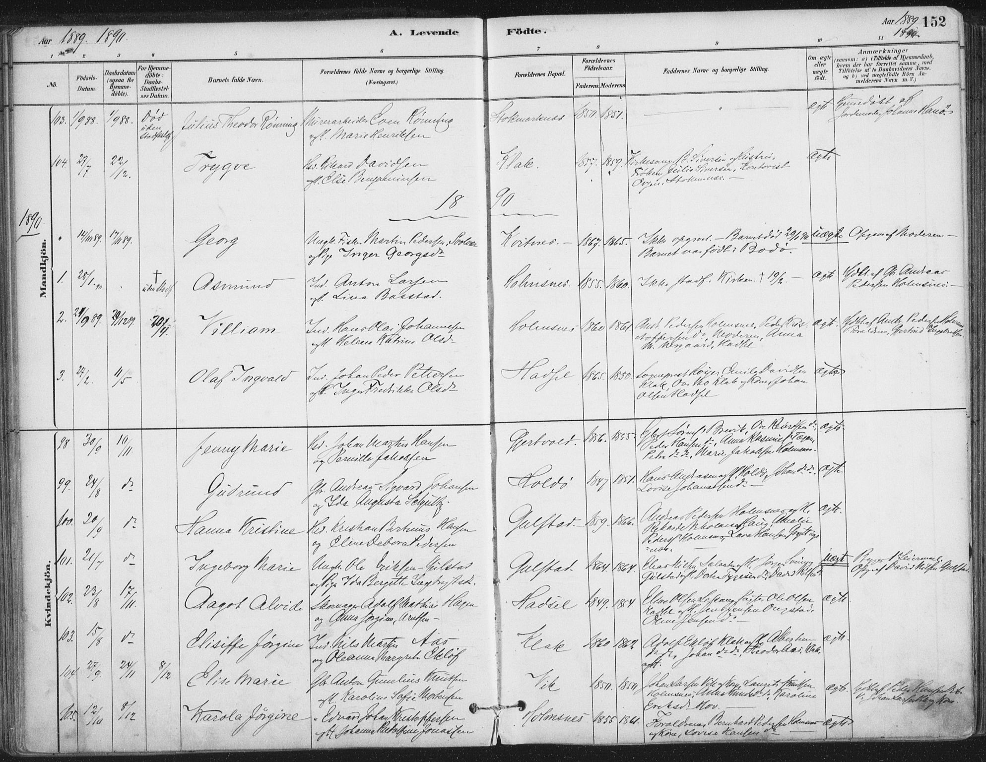 Ministerialprotokoller, klokkerbøker og fødselsregistre - Nordland, SAT/A-1459/888/L1244: Parish register (official) no. 888A10, 1880-1890, p. 152