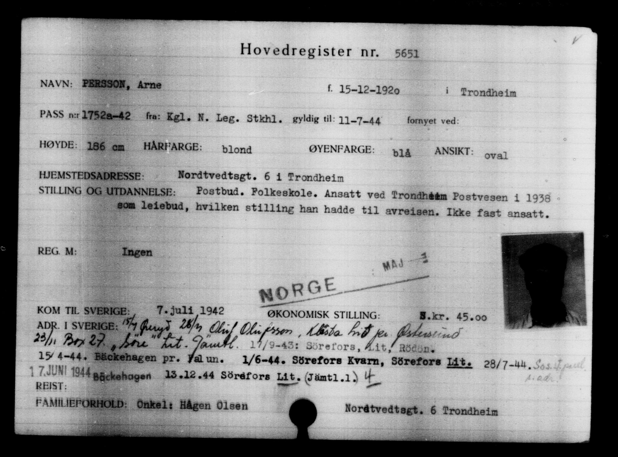Utenriksstasjonene, Legasjonen i Stockholm, Flyktningkontoret, AV/RA-S-6753/V/Va/L0004: Kjesäterkartoteket, flyktninger med registreringsnr. 3496-6610, 1940-1945, p. 2496