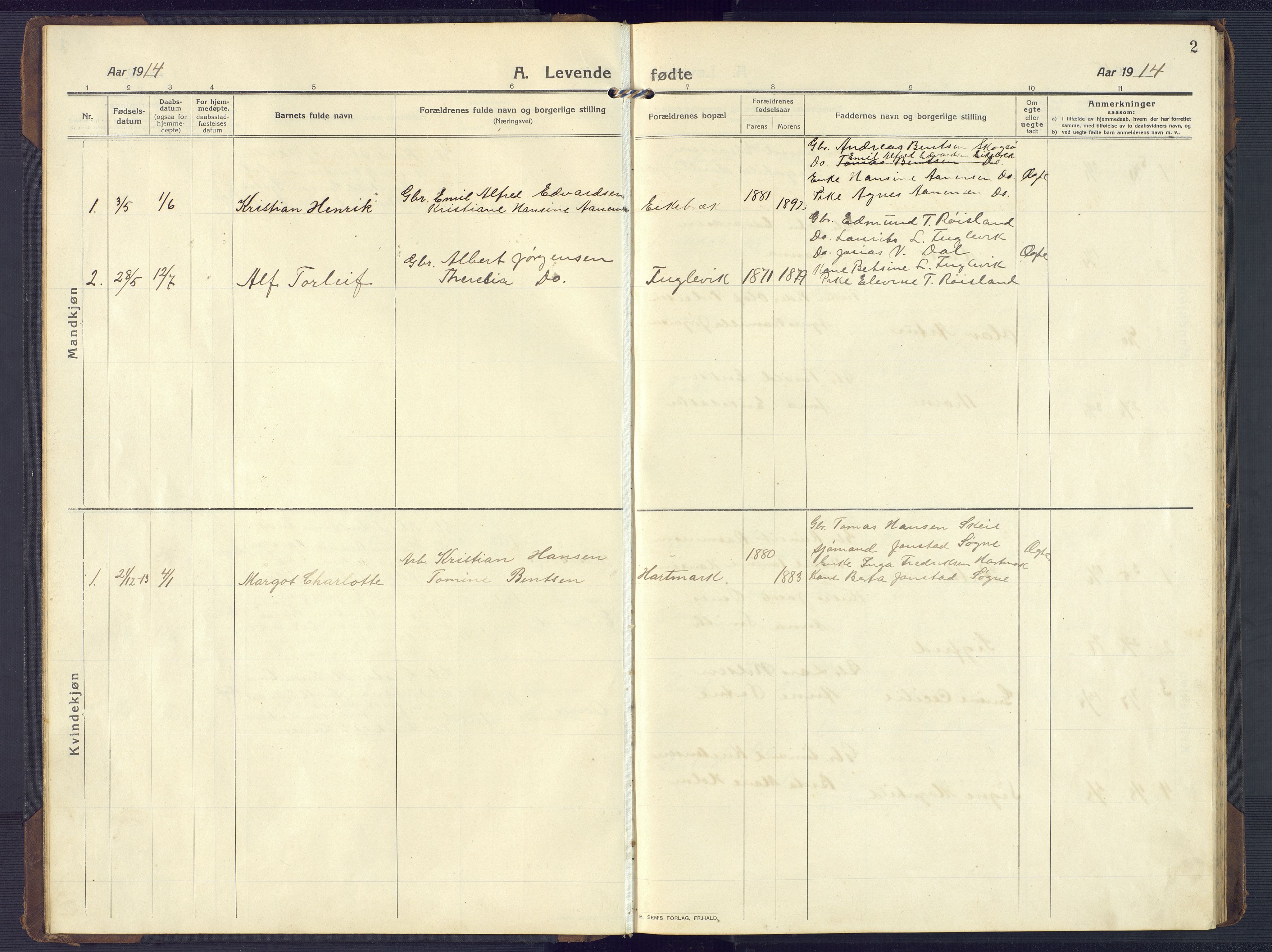 Mandal sokneprestkontor, SAK/1111-0030/F/Fb/Fbb/L0005: Parish register (copy) no. B 5, 1913-1957, p. 2