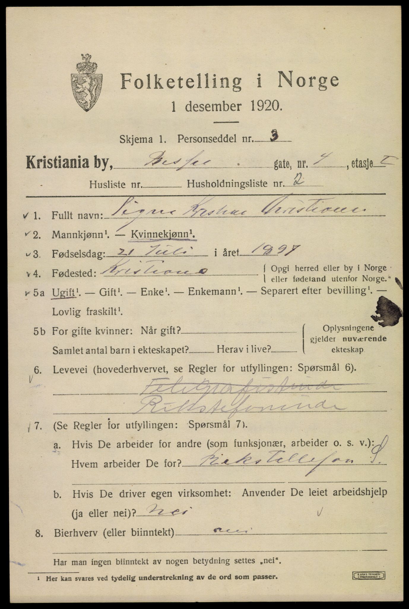 SAO, 1920 census for Kristiania, 1920, p. 157033