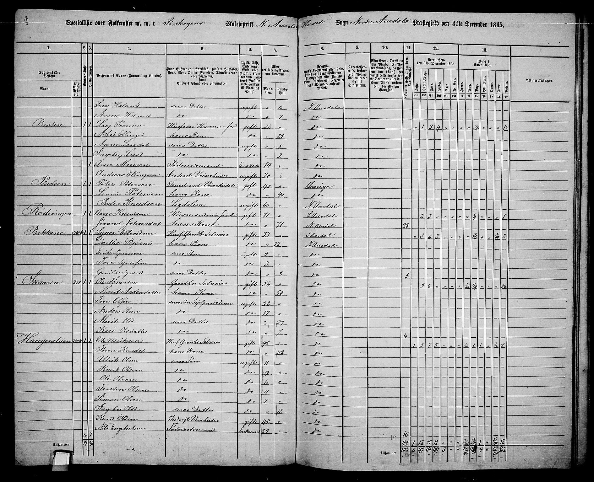 RA, 1865 census for Nord-Aurdal, 1865, p. 197