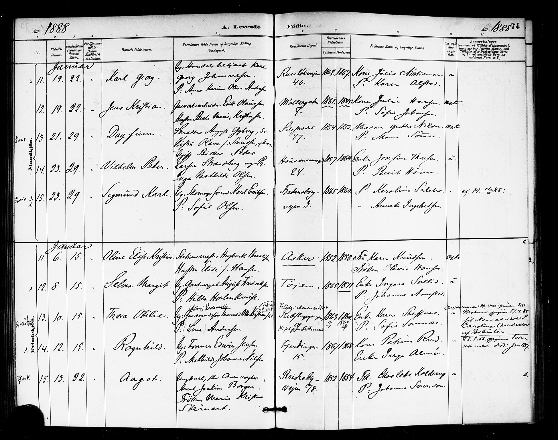 Rikshospitalet prestekontor Kirkebøker, AV/SAO-A-10309b/F/L0007: Parish register (official) no. 7, 1885-1890, p. 74