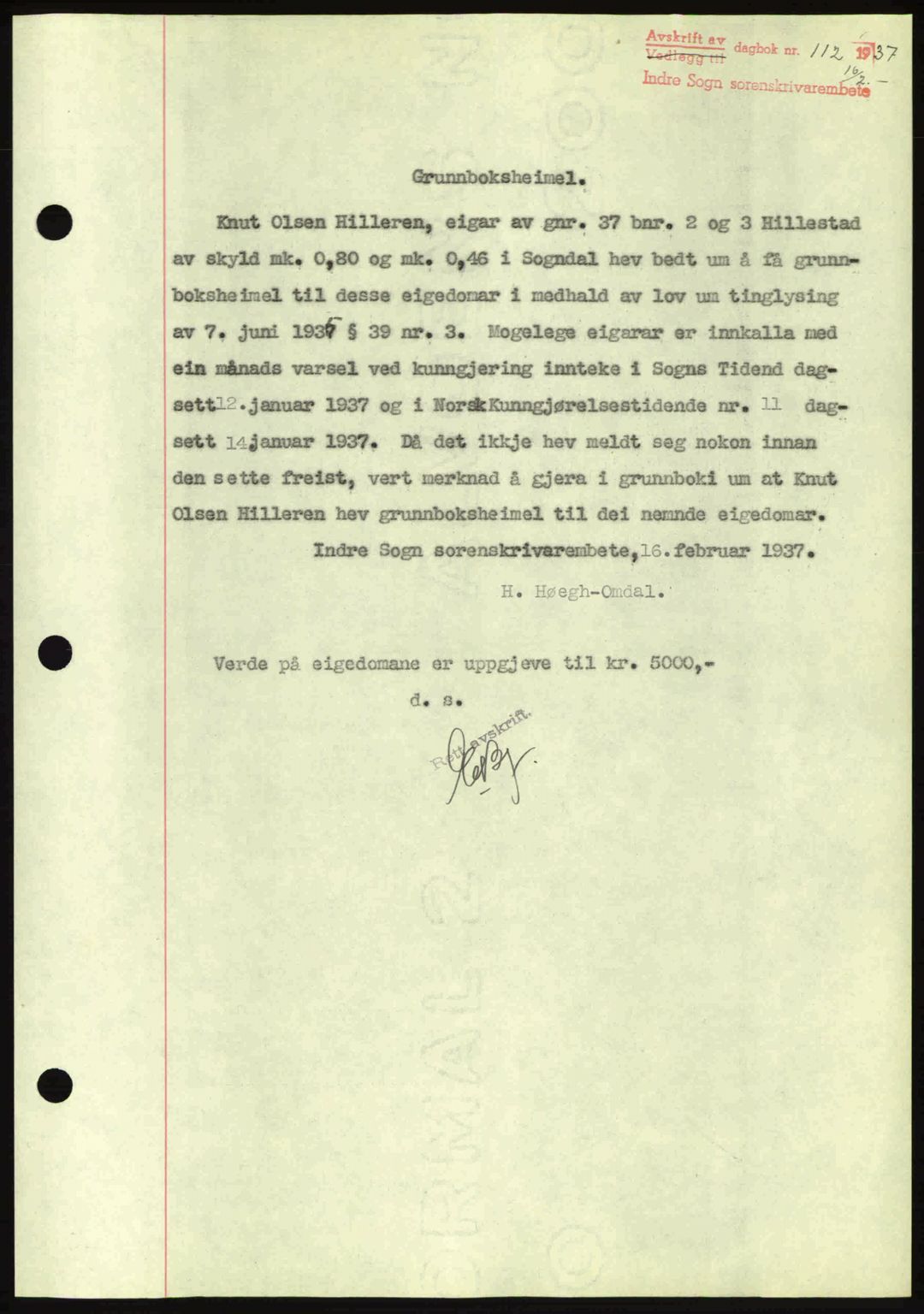 Indre Sogn tingrett, AV/SAB-A-3301/1/G/Gb/Gba/L0030: Mortgage book no. 30, 1935-1937, Deed date: 16.02.1937