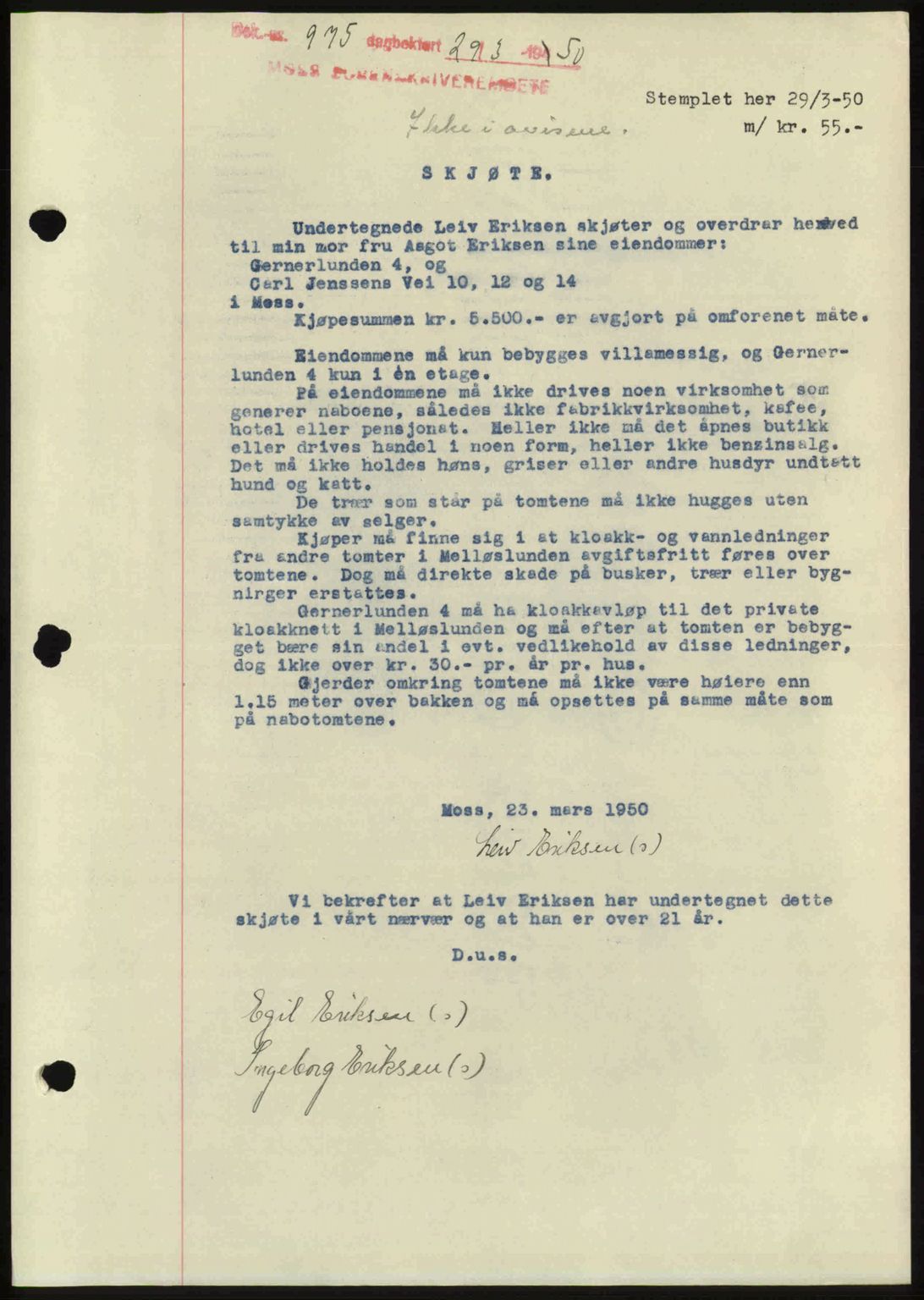 Moss sorenskriveri, SAO/A-10168: Mortgage book no. A25, 1950-1950, Diary no: : 975/1950