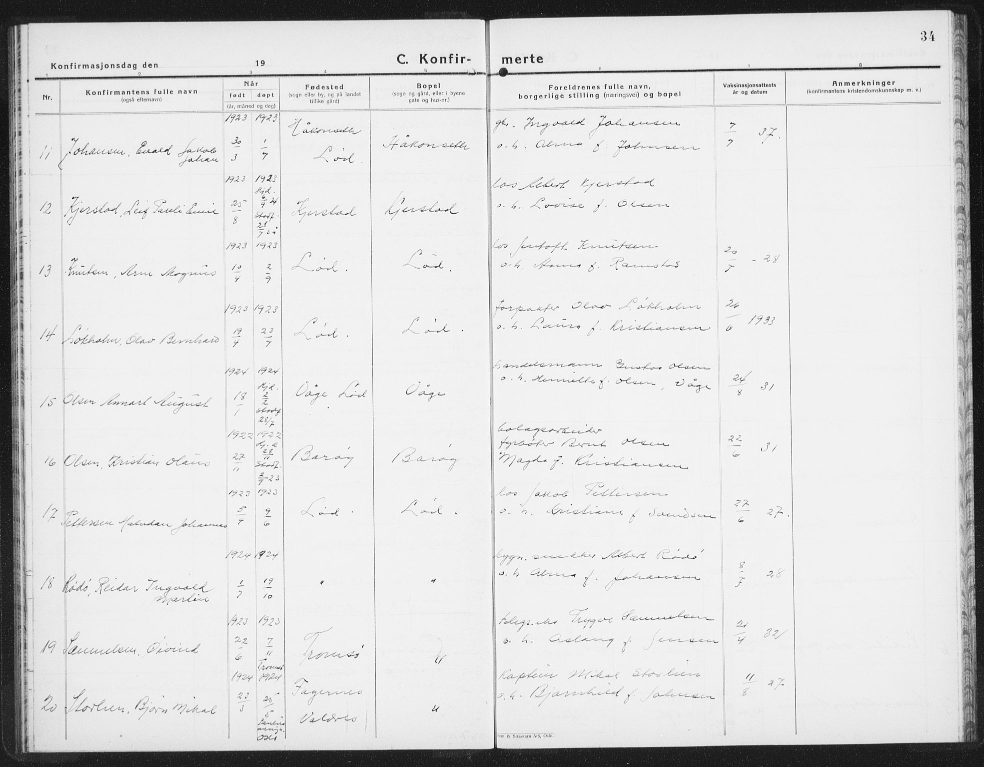 Ministerialprotokoller, klokkerbøker og fødselsregistre - Nordland, AV/SAT-A-1459/872/L1050: Parish register (copy) no. 872C06, 1932-1942, p. 34