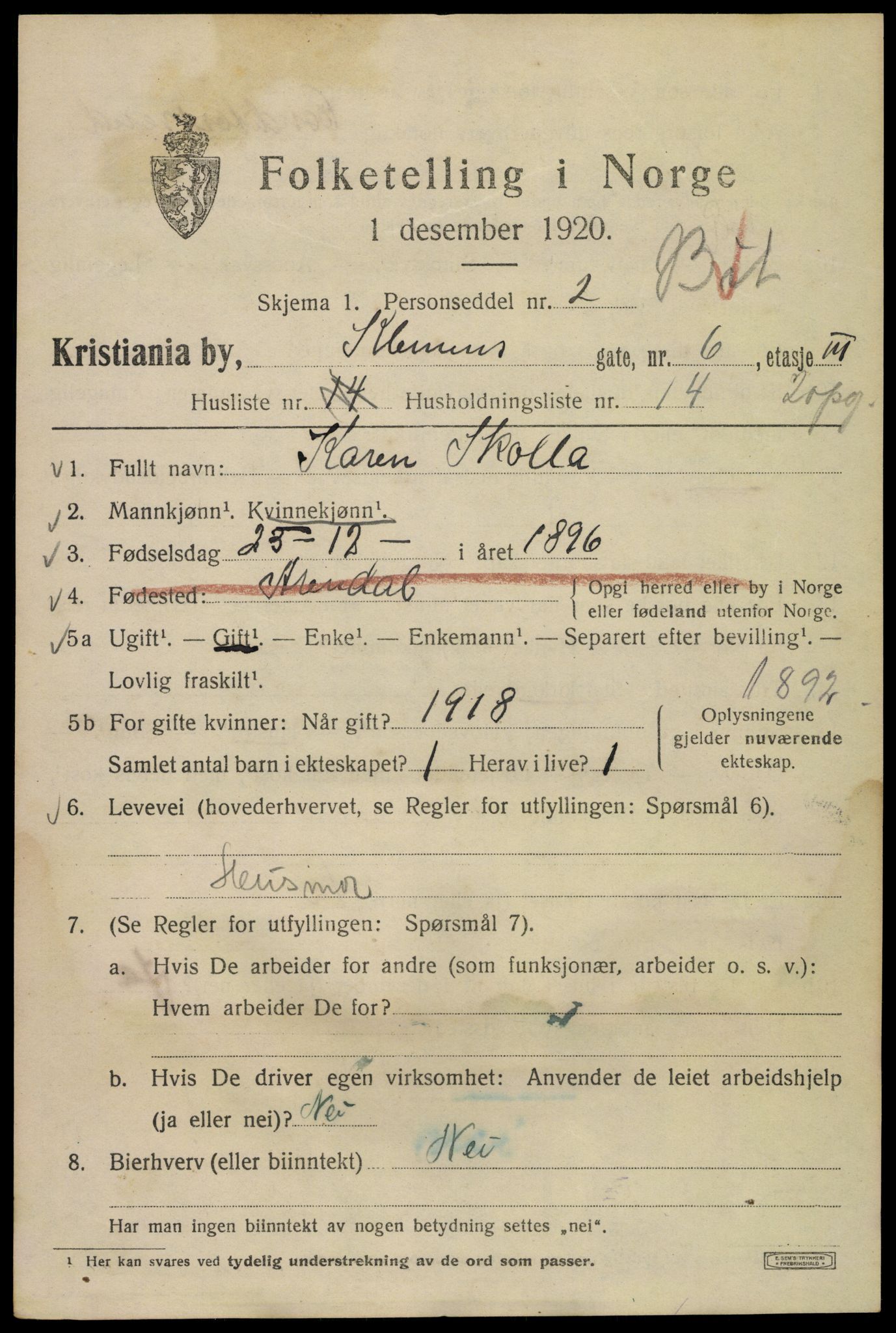 SAO, 1920 census for Kristiania, 1920, p. 344203