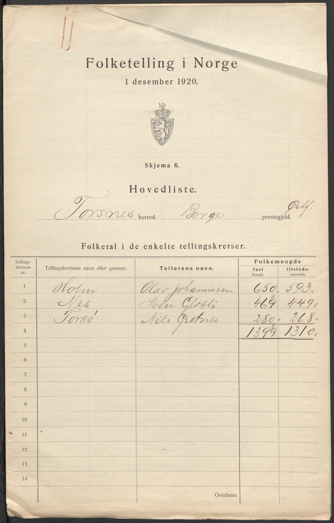 SAO, 1920 census for Torsnes, 1920, p. 6