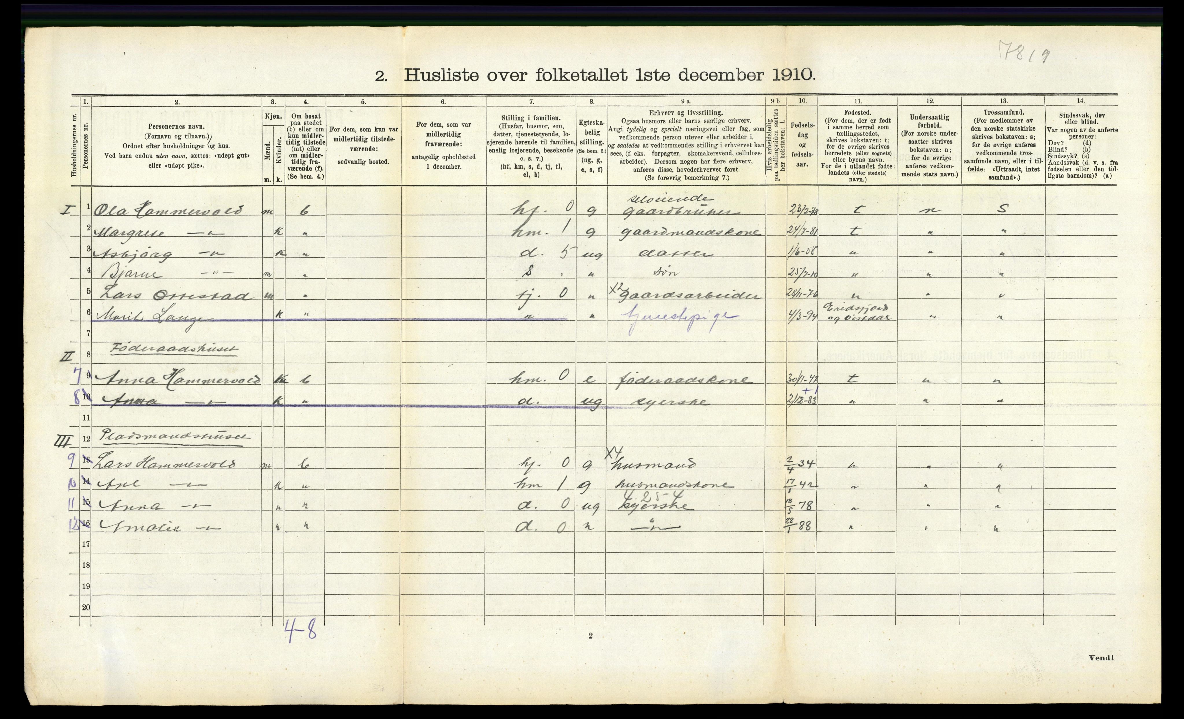 RA, 1910 census for Veøy, 1910, p. 619