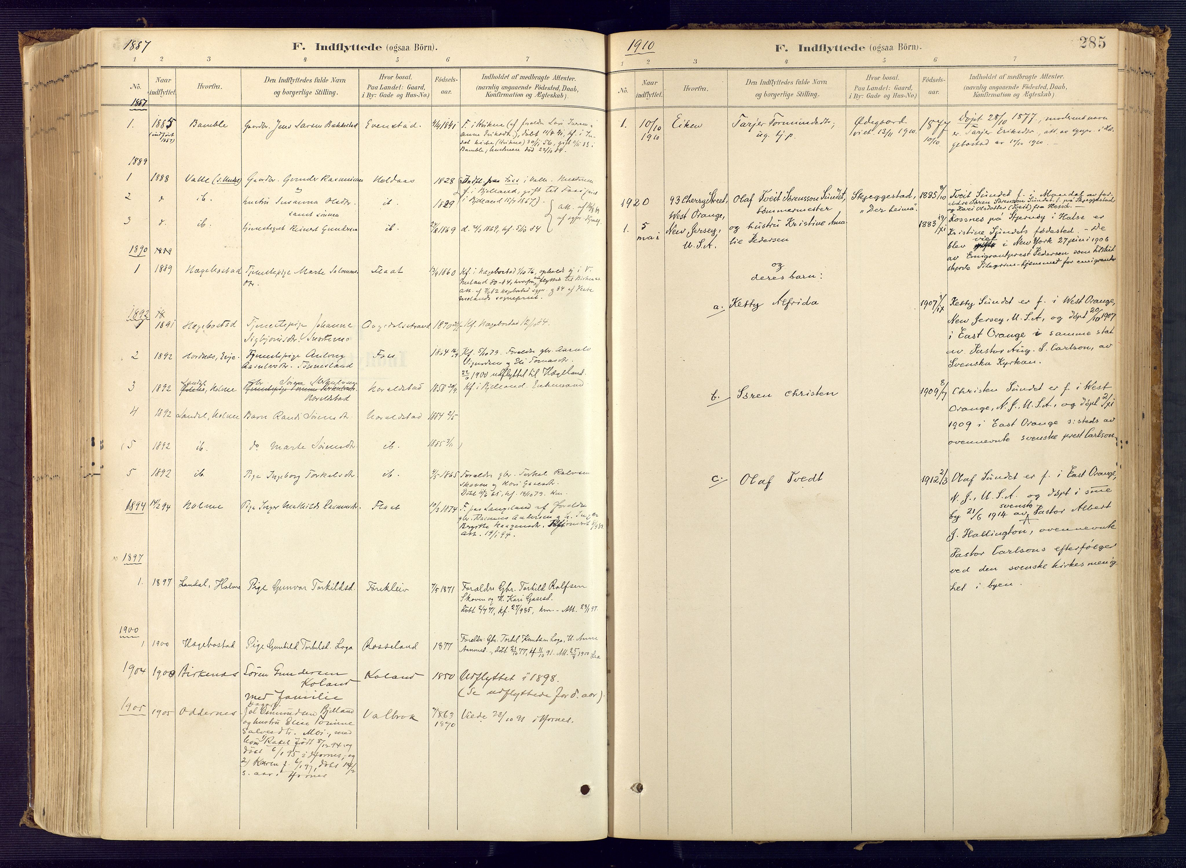 Bjelland sokneprestkontor, SAK/1111-0005/F/Fa/Faa/L0004: Parish register (official) no. A 4, 1887-1923, p. 285