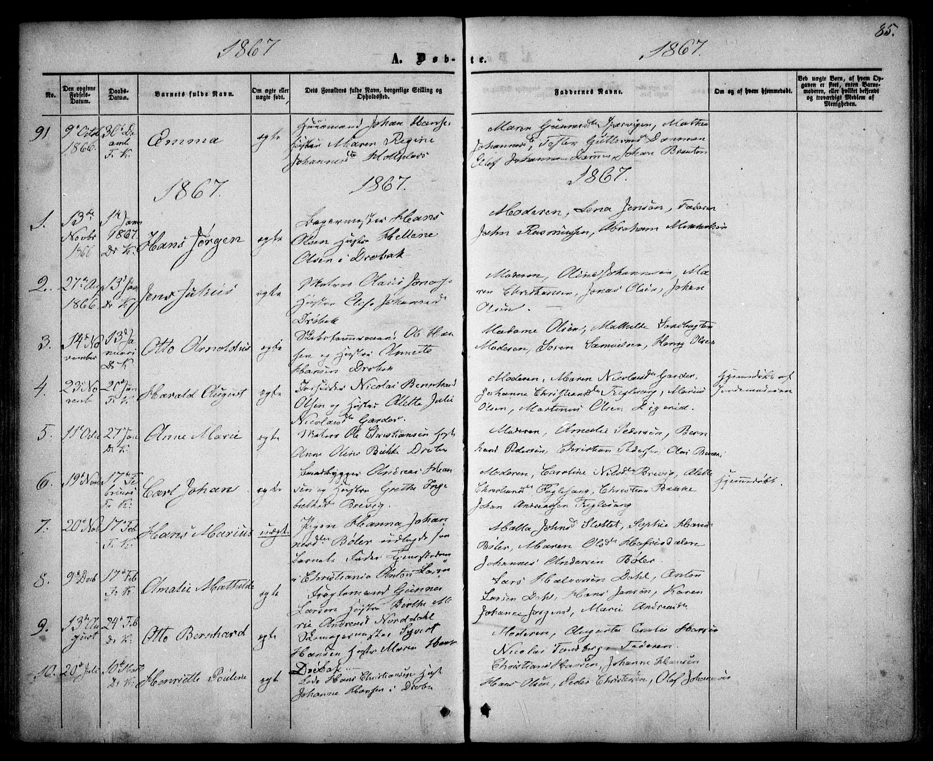 Drøbak prestekontor Kirkebøker, SAO/A-10142a/F/Fa/L0002: Parish register (official) no. I 2, 1858-1870, p. 85
