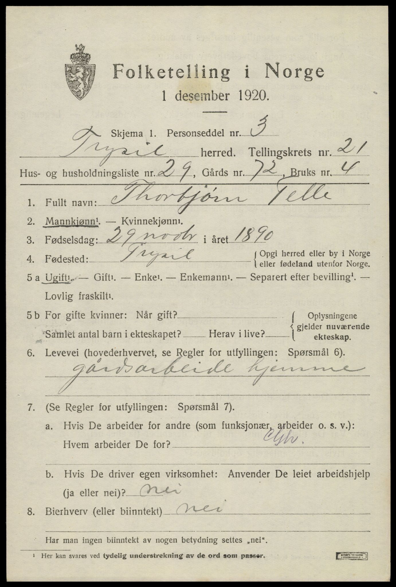 SAH, 1920 census for Trysil, 1920, p. 14115