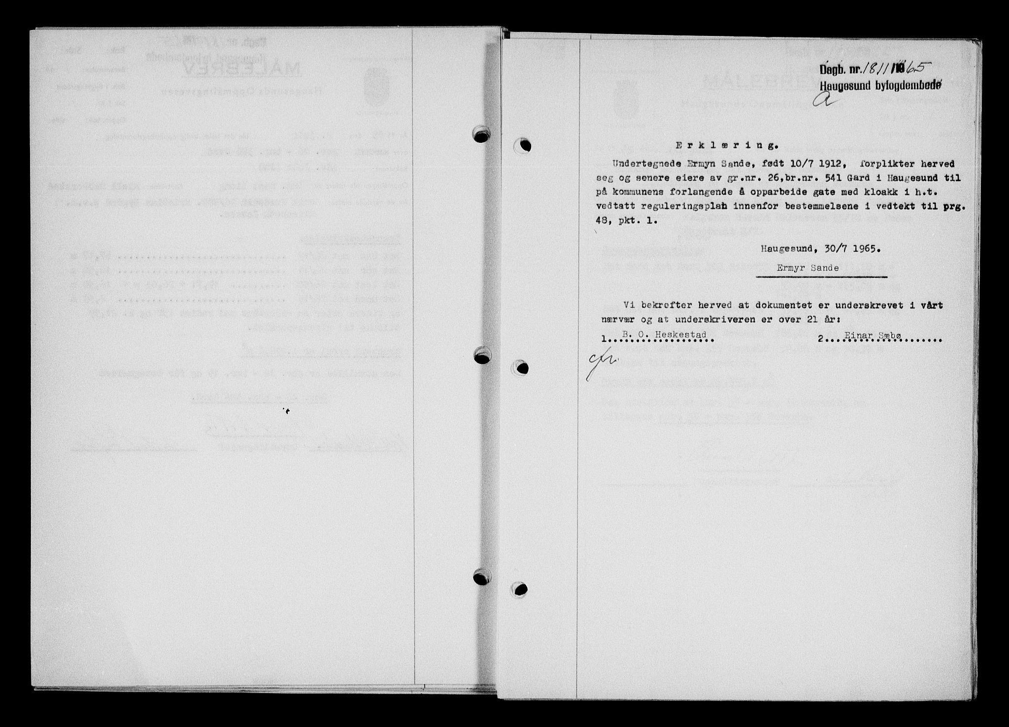 Haugesund tingrett, AV/SAST-A-101415/01/II/IIC/L0076: Mortgage book no. A 17, 1965-1966, Diary no: : 1811/1965