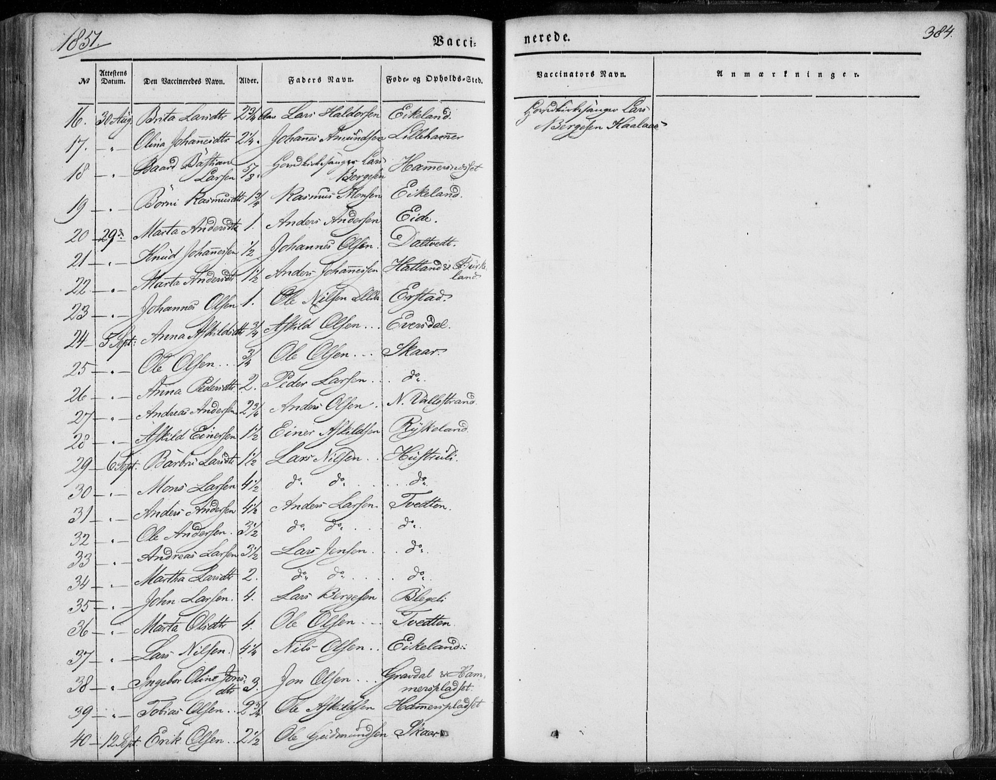 Hamre sokneprestembete, SAB/A-75501/H/Ha/Haa/Haaa/L0013: Parish register (official) no. A 13, 1846-1857, p. 384
