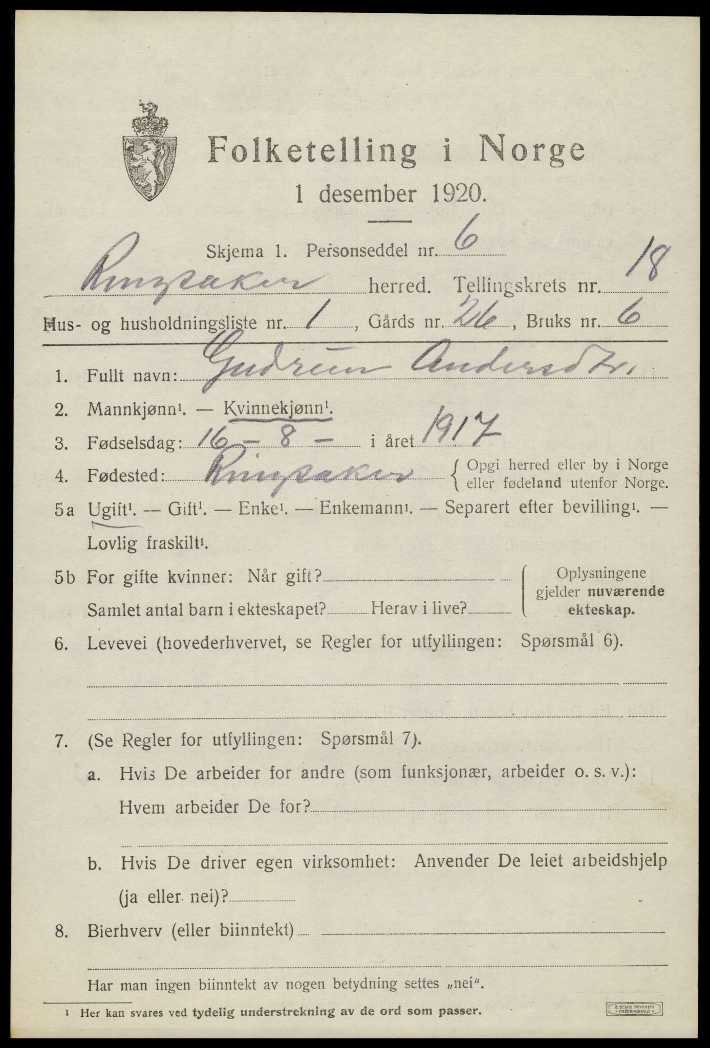 SAH, 1920 census for Ringsaker, 1920, p. 25070